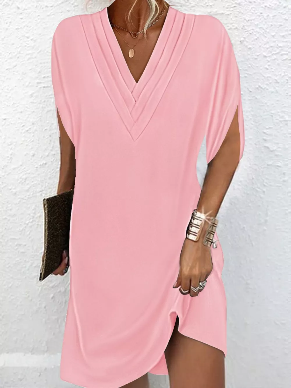 Full Size V-Neck Slit Sleeve Mini Dress Plus Size, image 11
