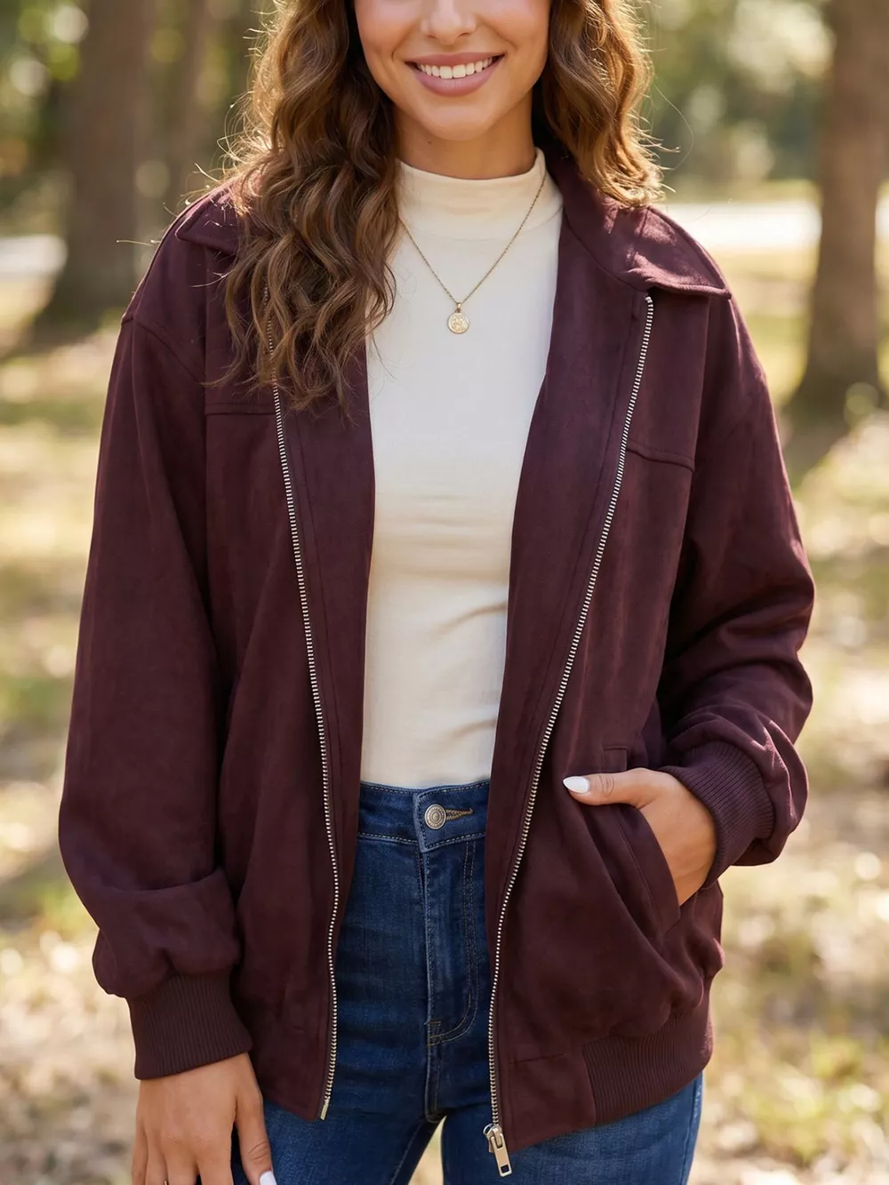Zip-up Metal Placket Collar Long Sleeve Jacket