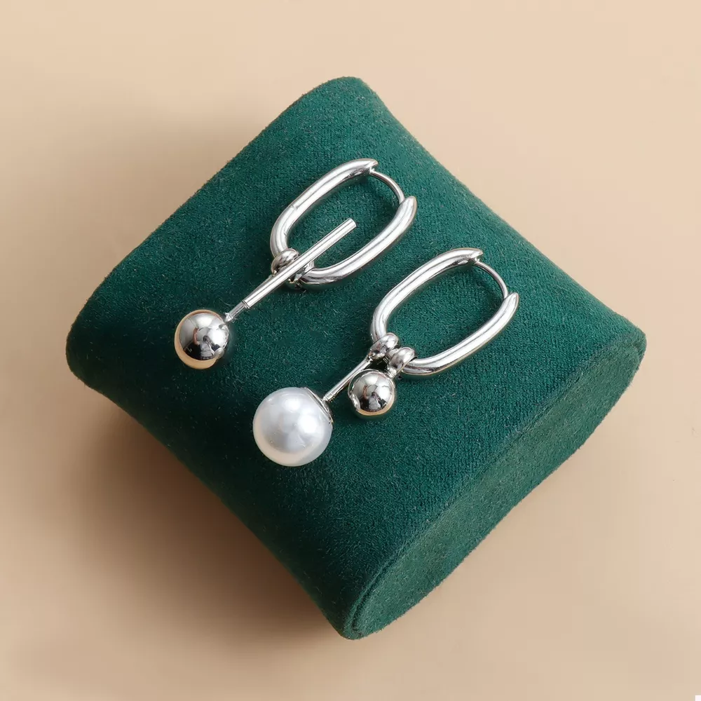 Asymmetrical Pearl Drop Hoop Earrings, image 3