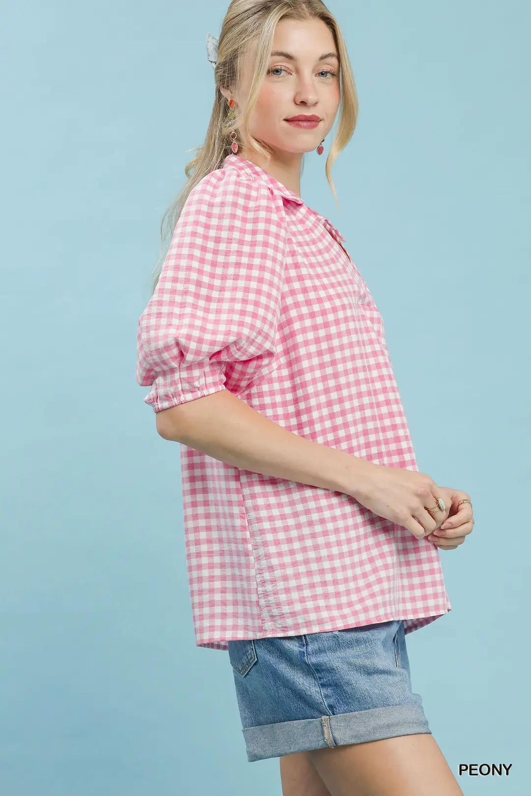 Gingham Puff Sleeve Collared Blouse, image 2