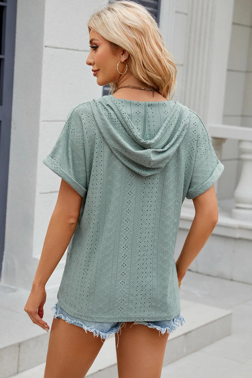 Eyelet Drawstring Hooded Short Sleeve Blouse, image 3