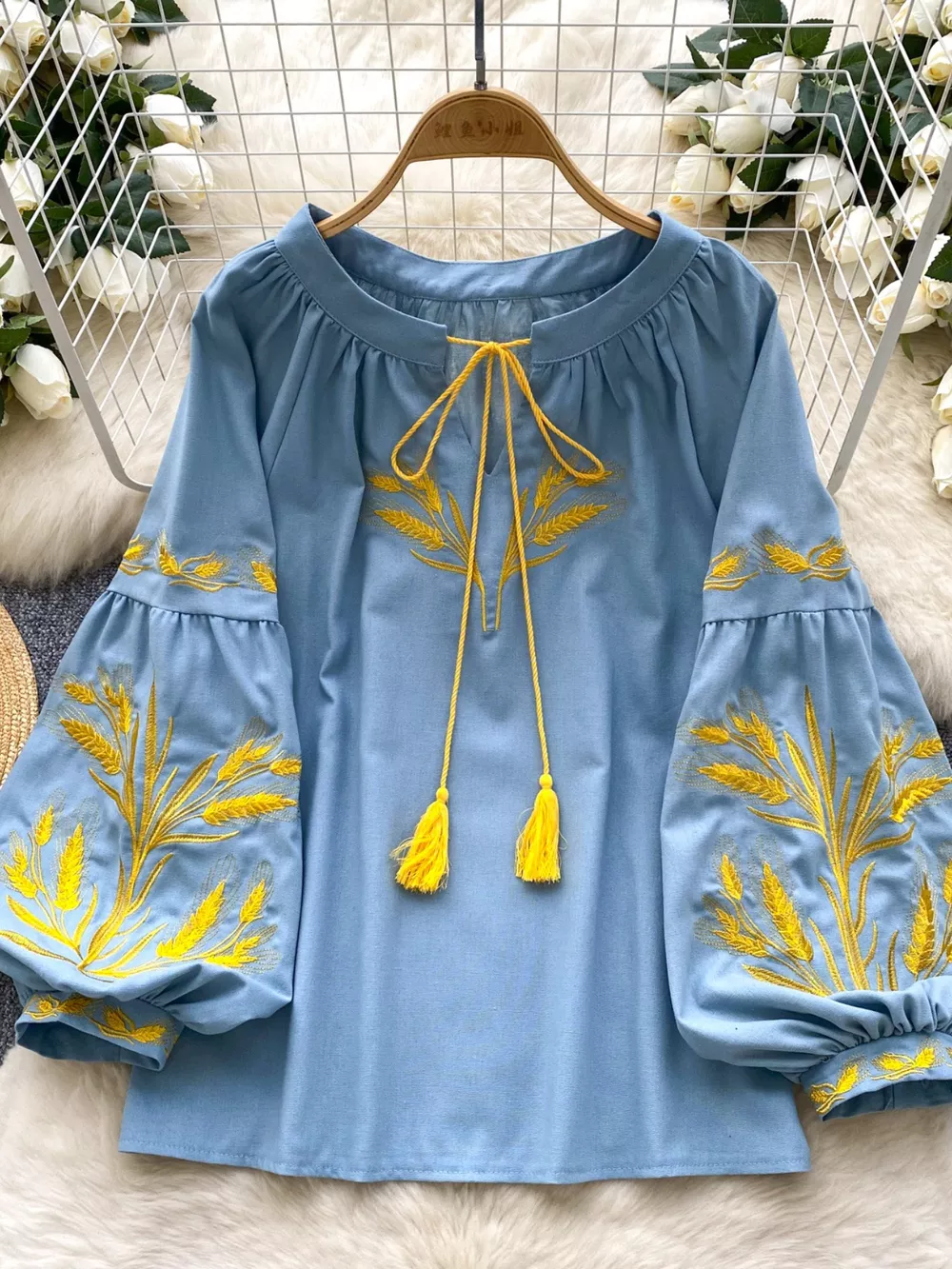 Embroidered Wheat Pattern Tie Neck Blouse, image 18