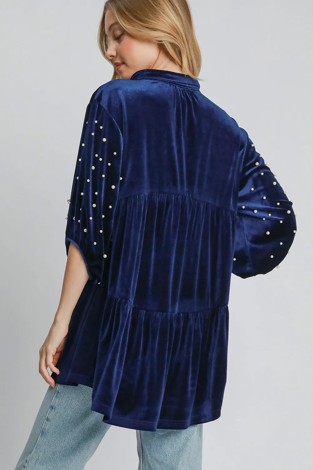 Pearl Detail Collared Neck Velvet Babydoll Blouse, image 5