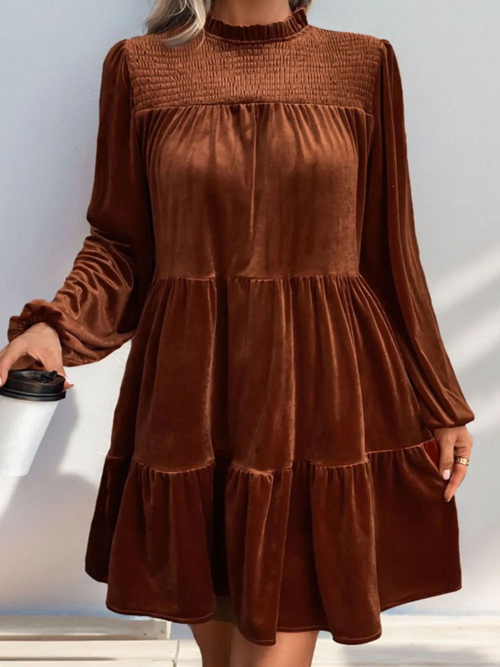 Tiered Ruched Mock Neck Long Sleeve Dress, image 5