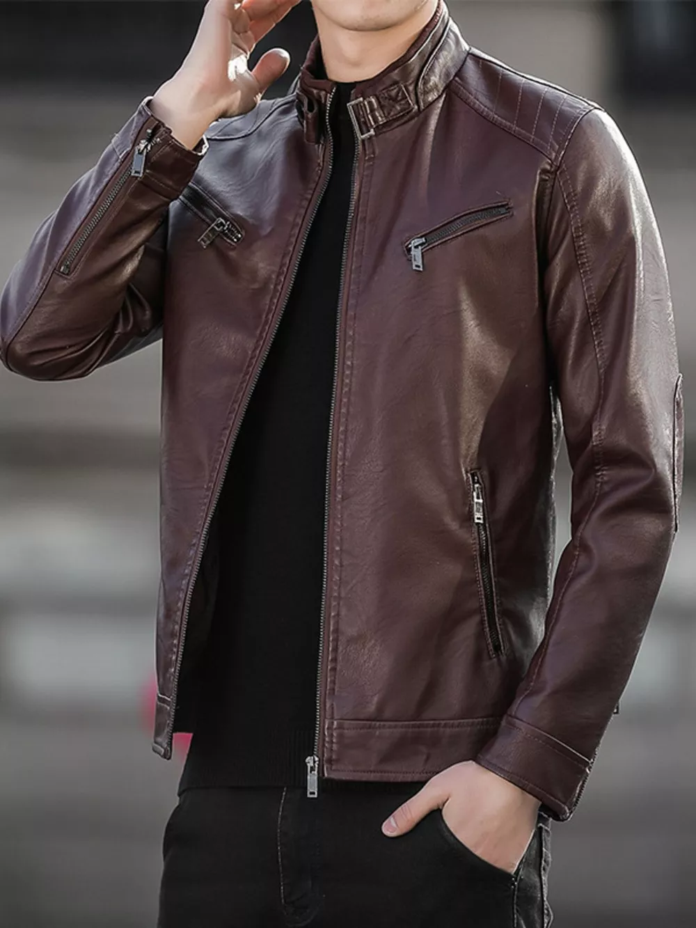 Men's Plus Size Zip Up Leather Jacket, image 2