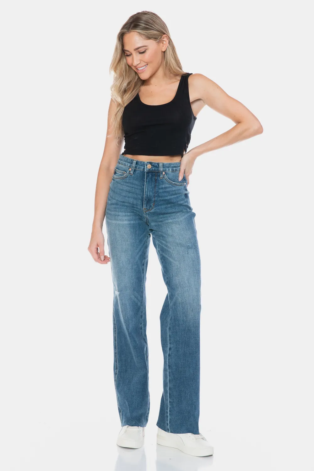 Full Size Tummy Control Cut Raw Hem Straight Jeans, image 6