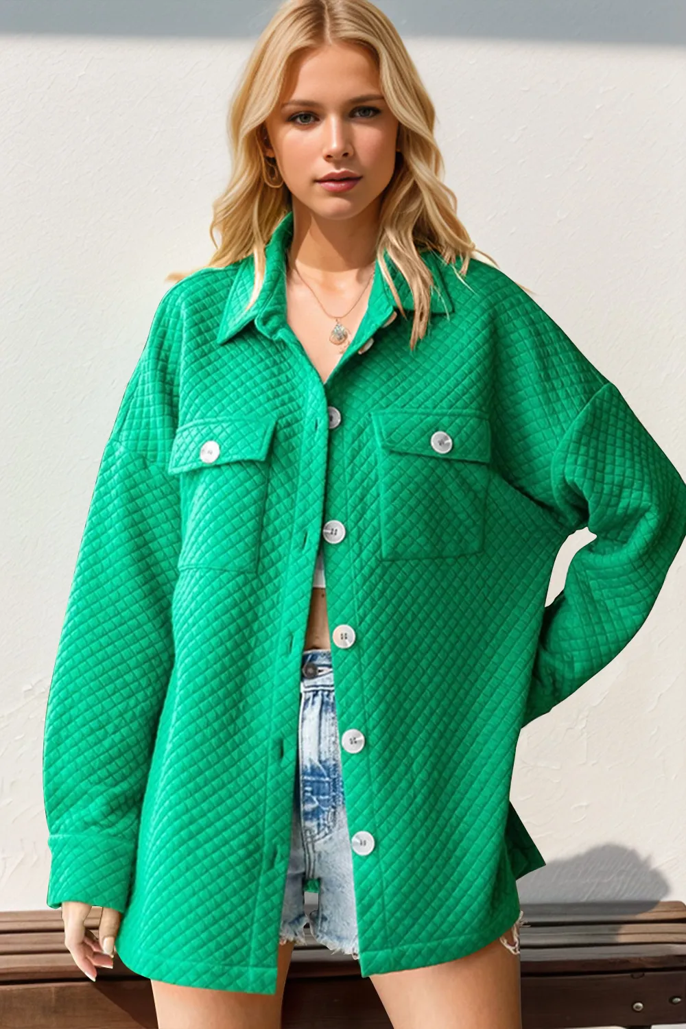 Full Size Textured Button Up Drop Shoulder Shacket, image 2