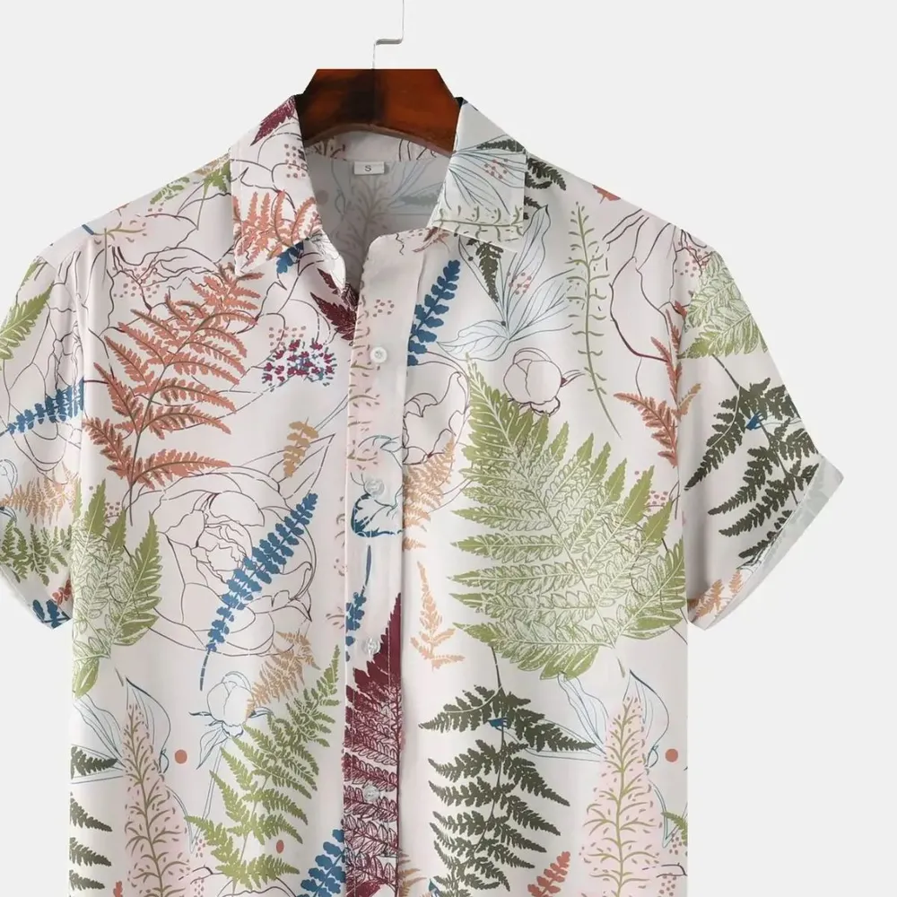 Men's Tropical Fern Print Short Sleeve Button-Up Shirt, image 3
