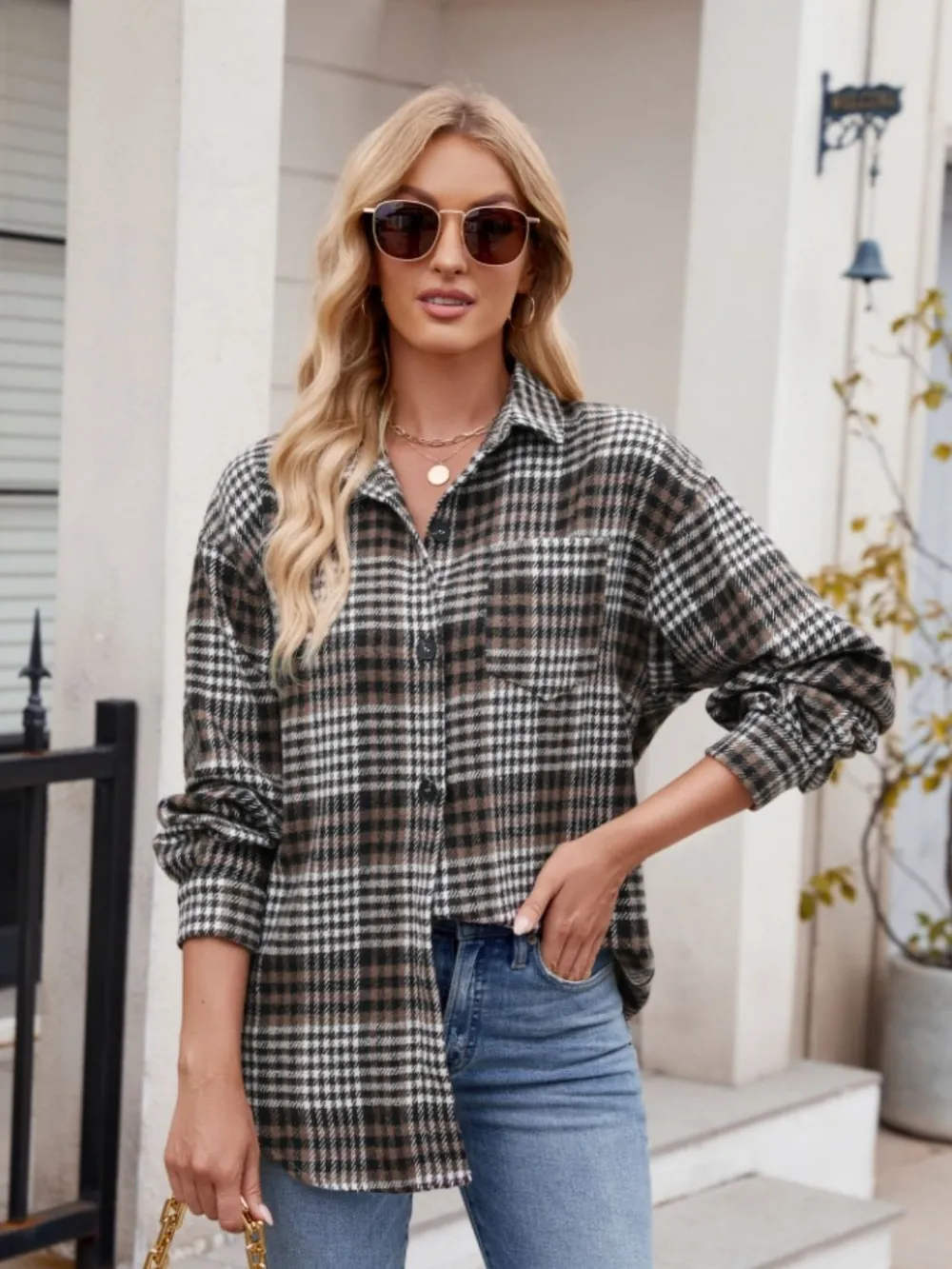 Pocketed Plaid Collared Neck Long Sleeve Shirt, image 20
