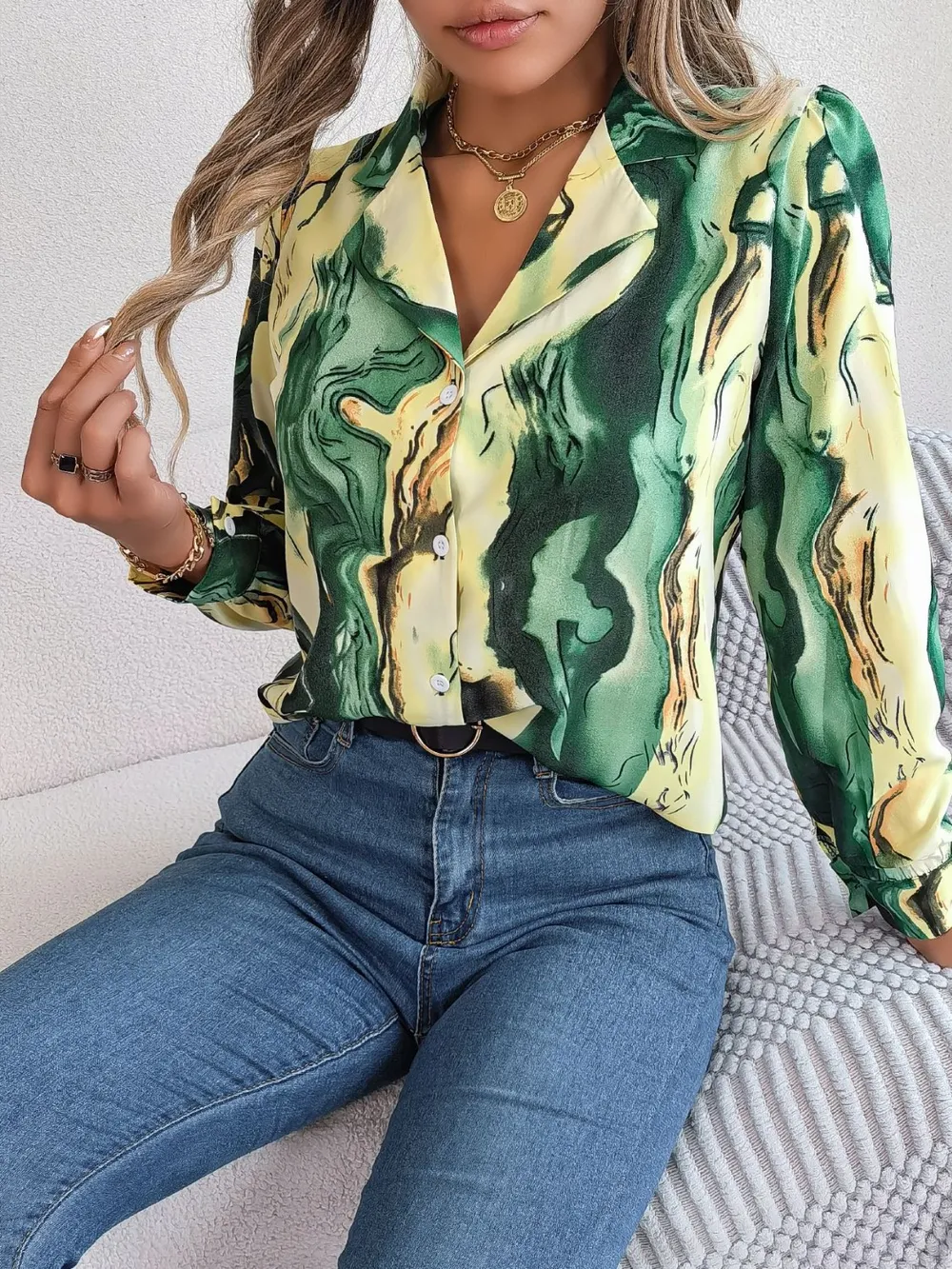 Printed Button Up Long Sleeve Shirt, image 3