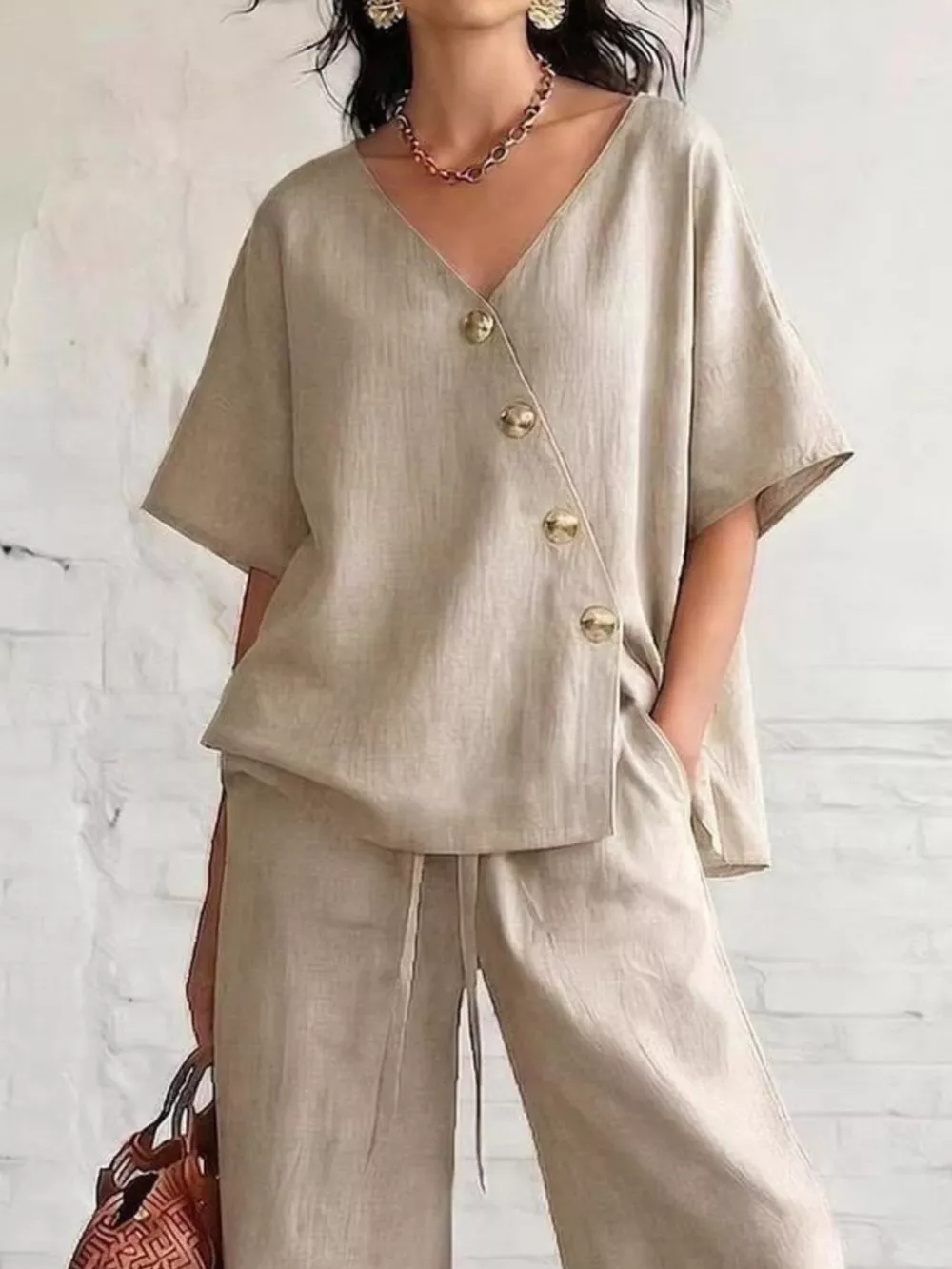 Full Size Surplice Half Sleeve Top and Wide-Leg Pants Set Plus Size, image 10