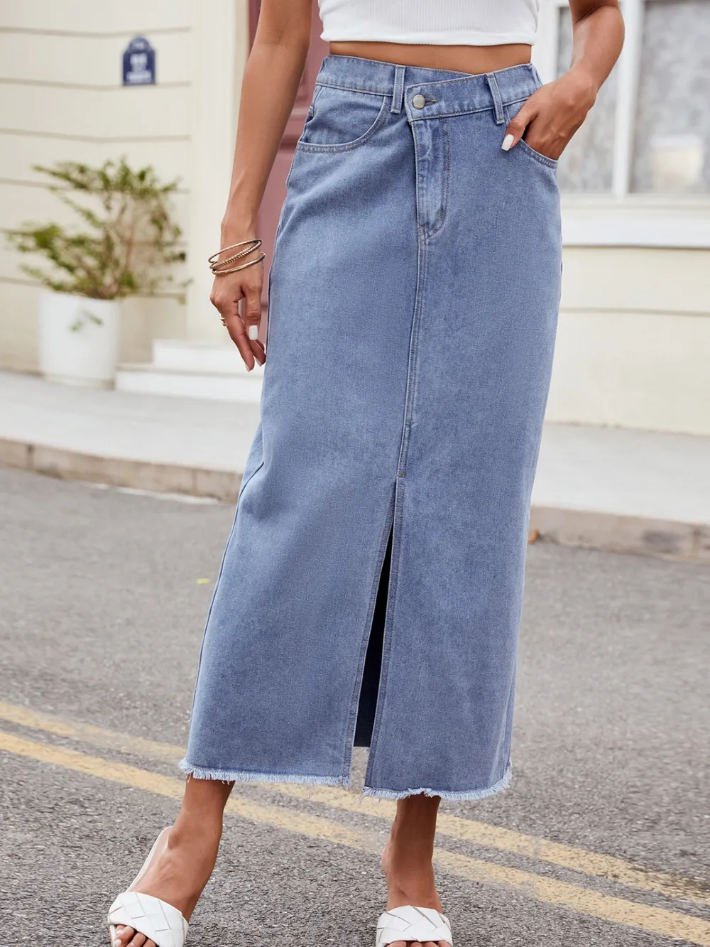 Slit Asymmetrical Waist Denim Skirt, image 4