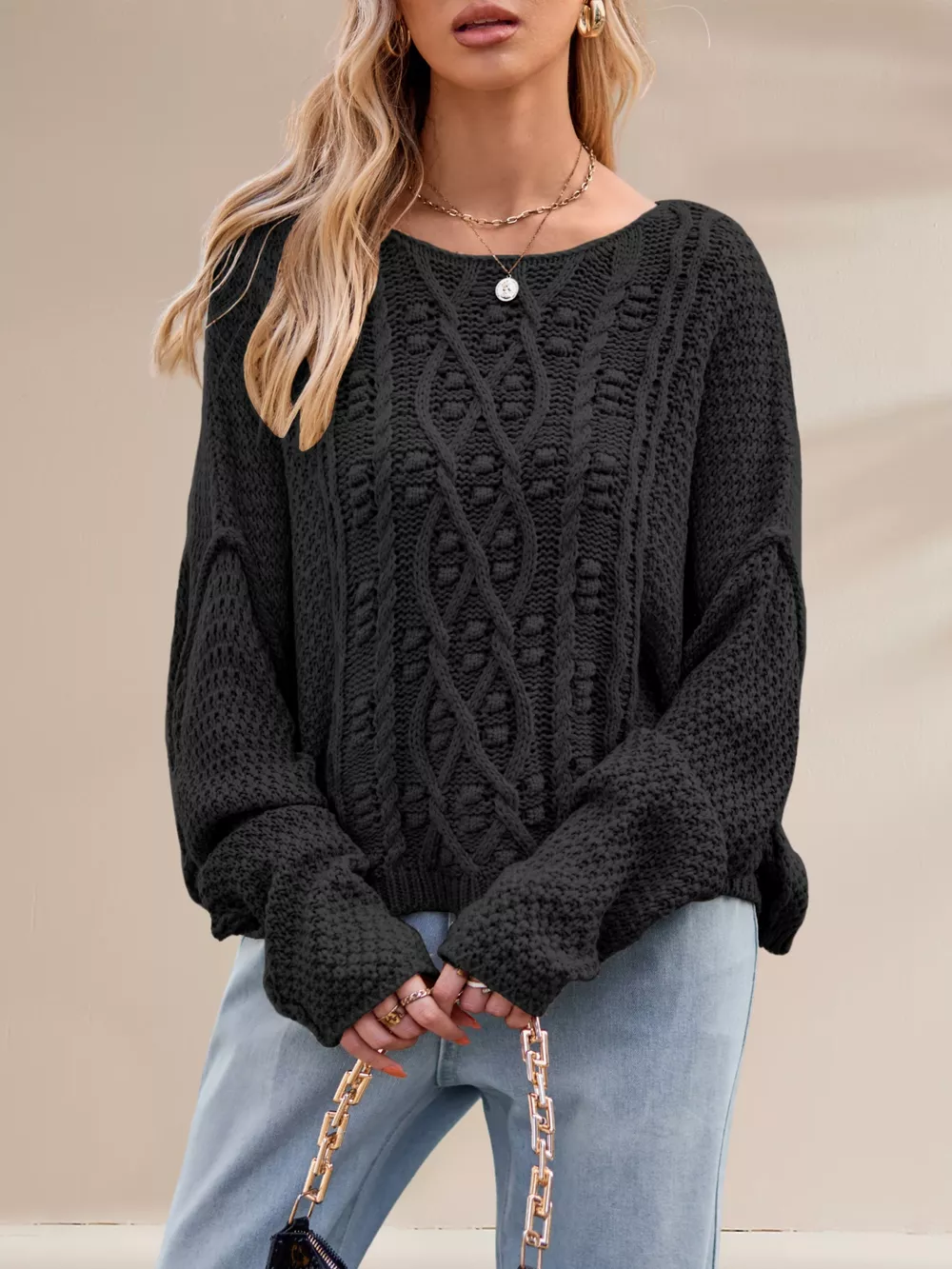 Textured Knit Round Neck Sweater, image 8