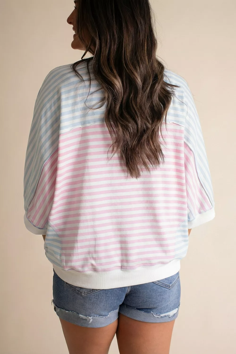 Casual Stripe Oversize Dolman Sleeve Patchwork T Shirt, image 2