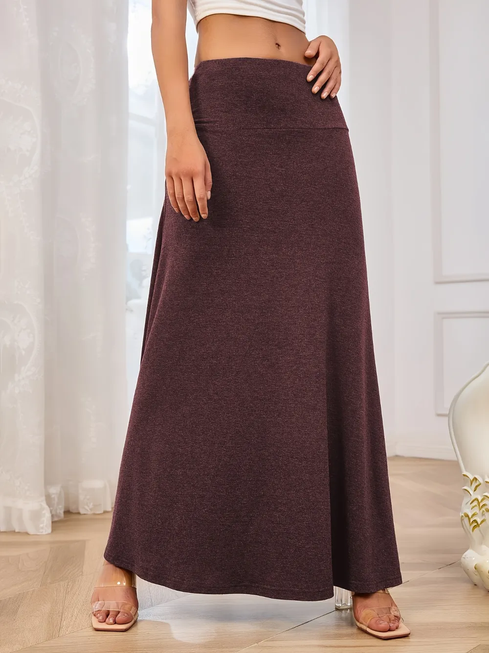 Solid Elastic Waist Maxi Skirt, image 18
