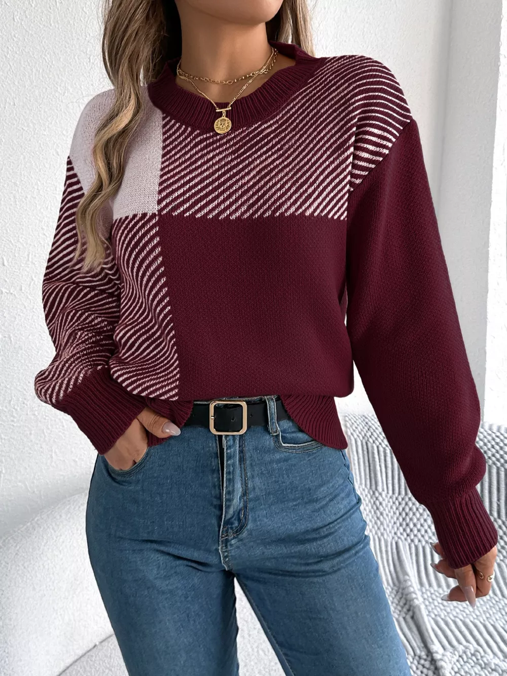 Color Block Striped Round Neck Sweater, image 8
