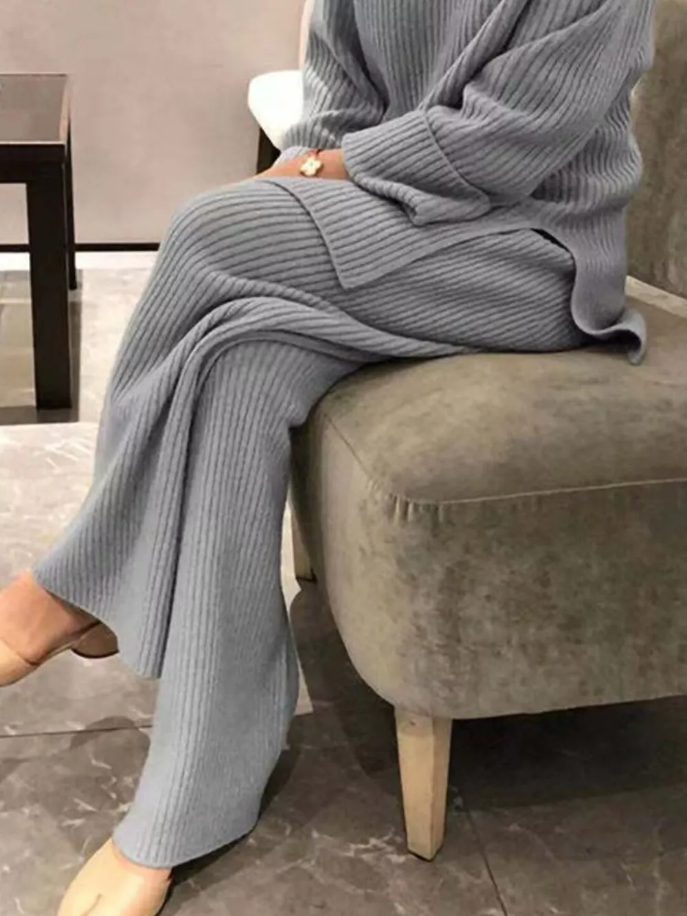 Full Size Ribbed Knit Relaxed Fit Top and Pants Sweater Set Plus Size, image 4