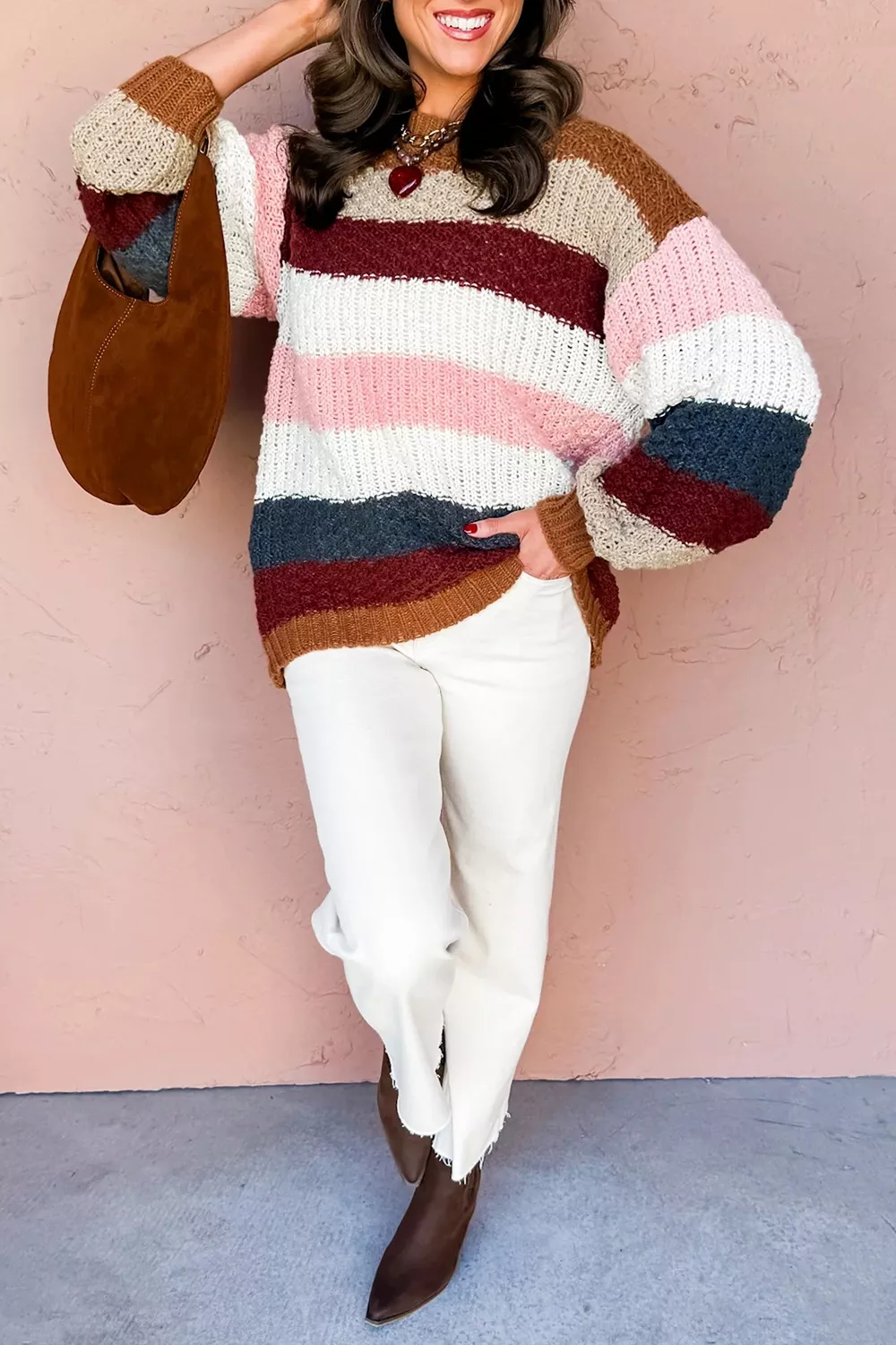 Striped Knit Dropped Shoulder Round Neck Sweater, image 5