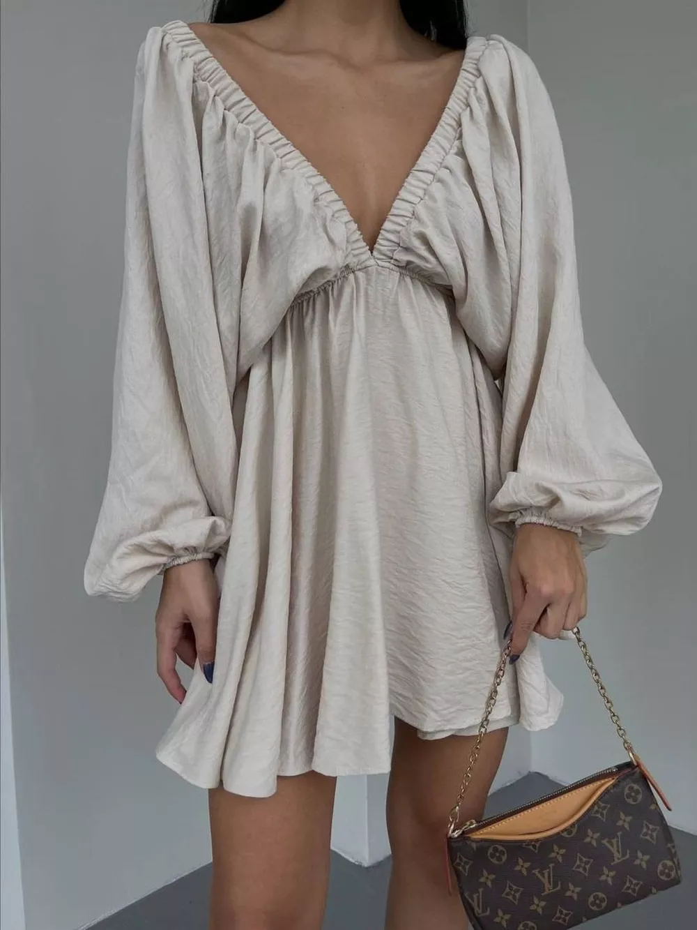 Deep V-Neck Balloon Sleeve Dress