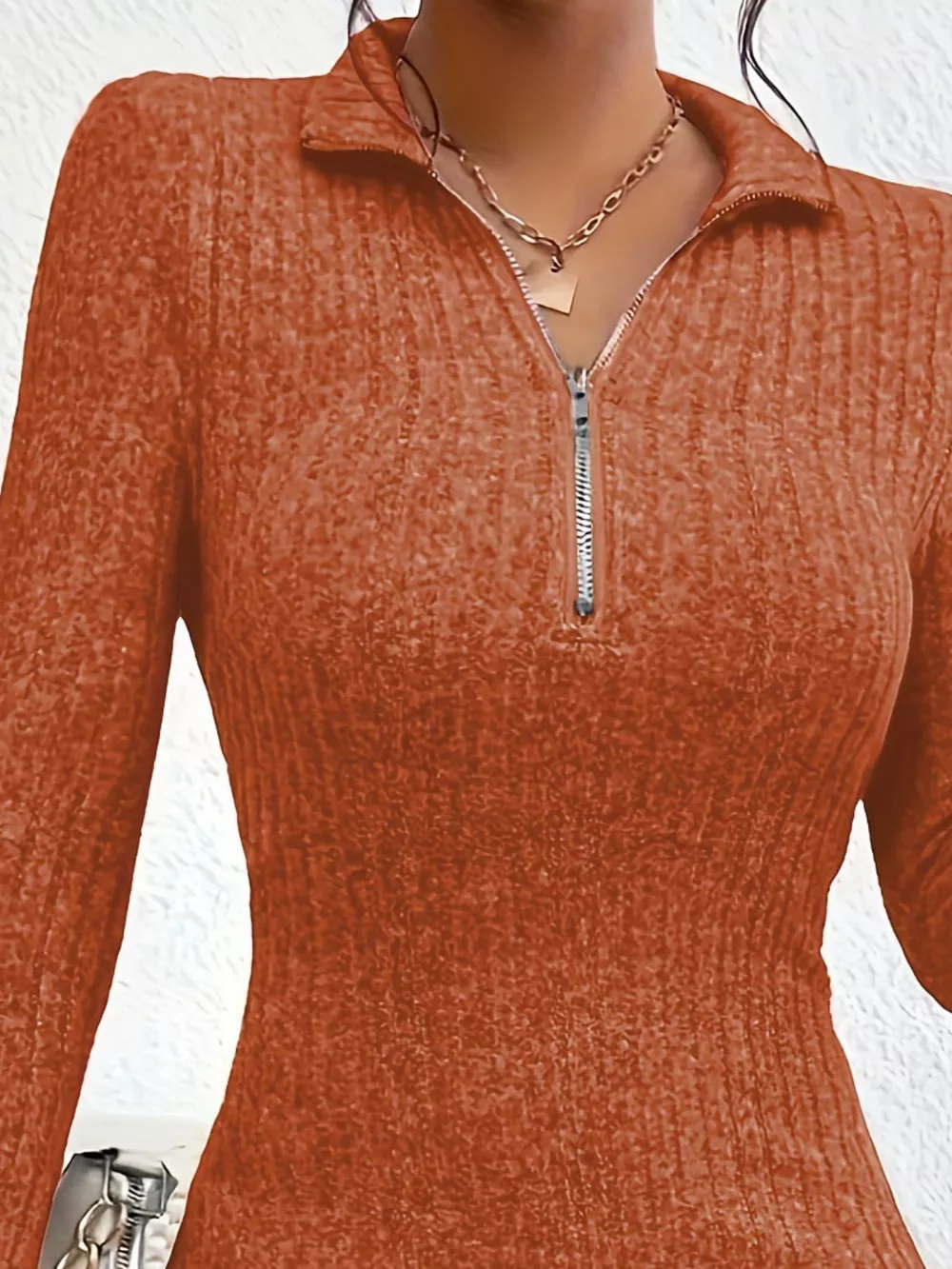 Ribbed Knit Bodycon Mini Dress with Zipper, image 8
