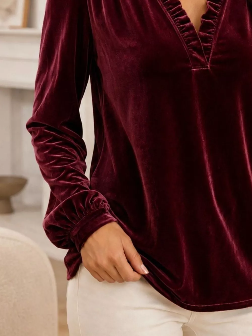 V-Neck Ruffle Trim Velvet Blouse, image 12