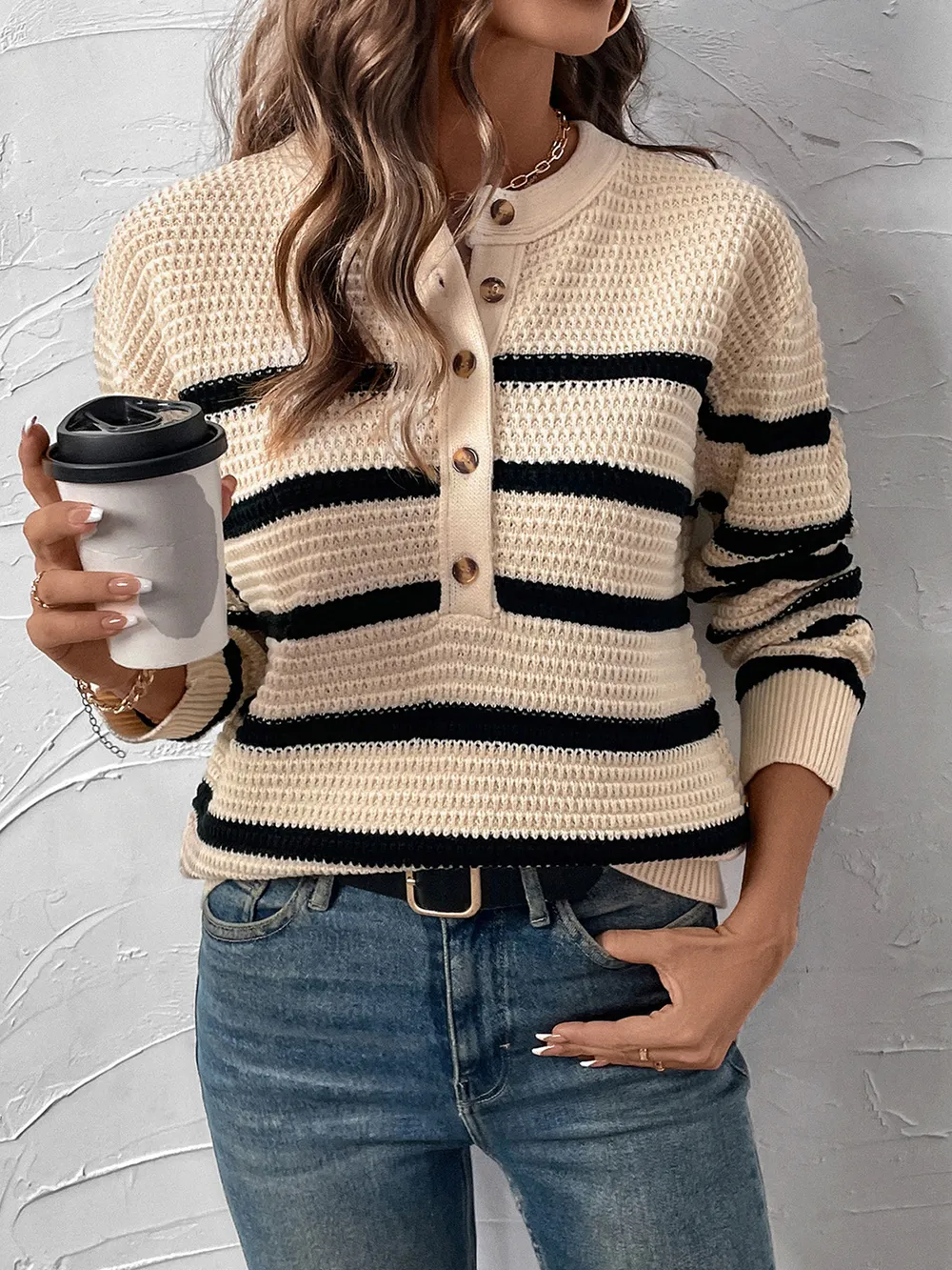 Striped Half Button Long Sleeve Sweater, image 7