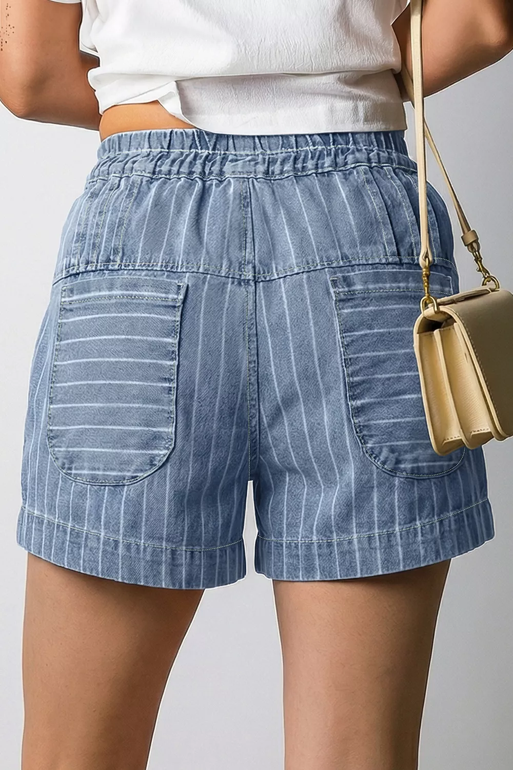 Striped High-Waisted Denim Shorts, image 2