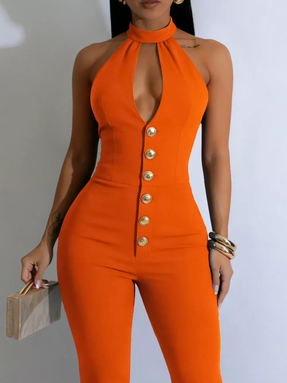 Halter Neck Cut-Out Flare Jumpsuit with Button Detail, image 6