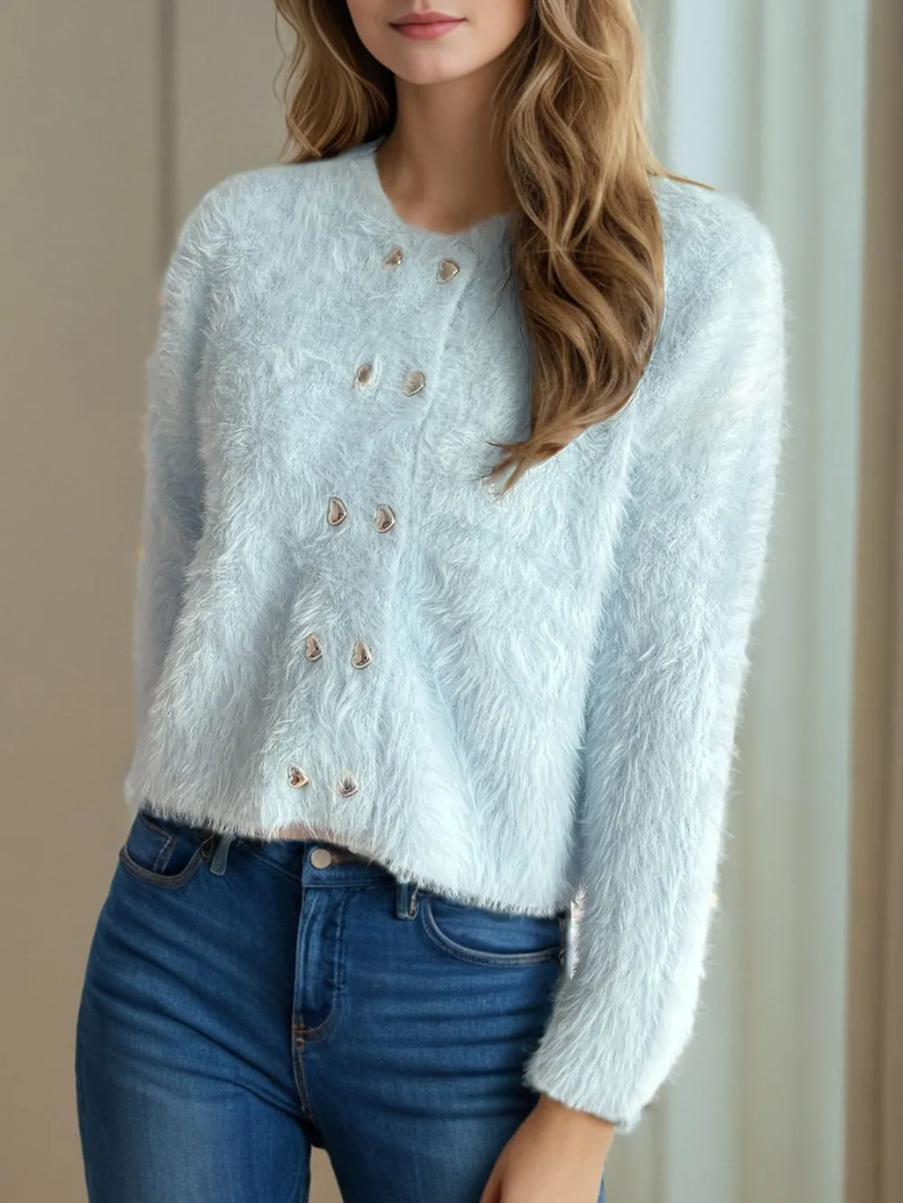 Heart Button Round Neck Cardigan, image 11