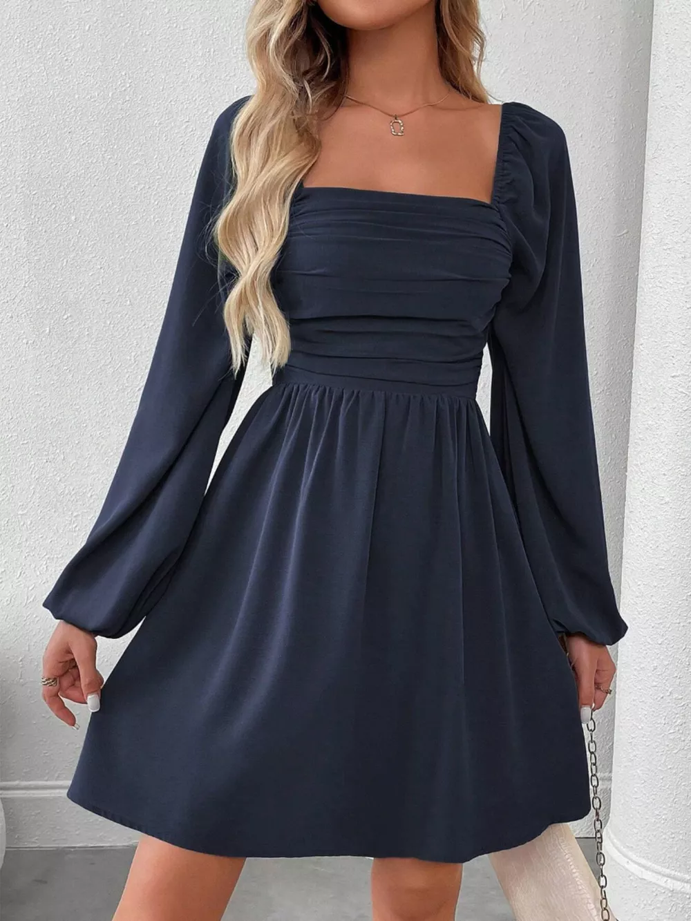 Ruched Square Neck Long Sleeve A-Line Dress, image 6