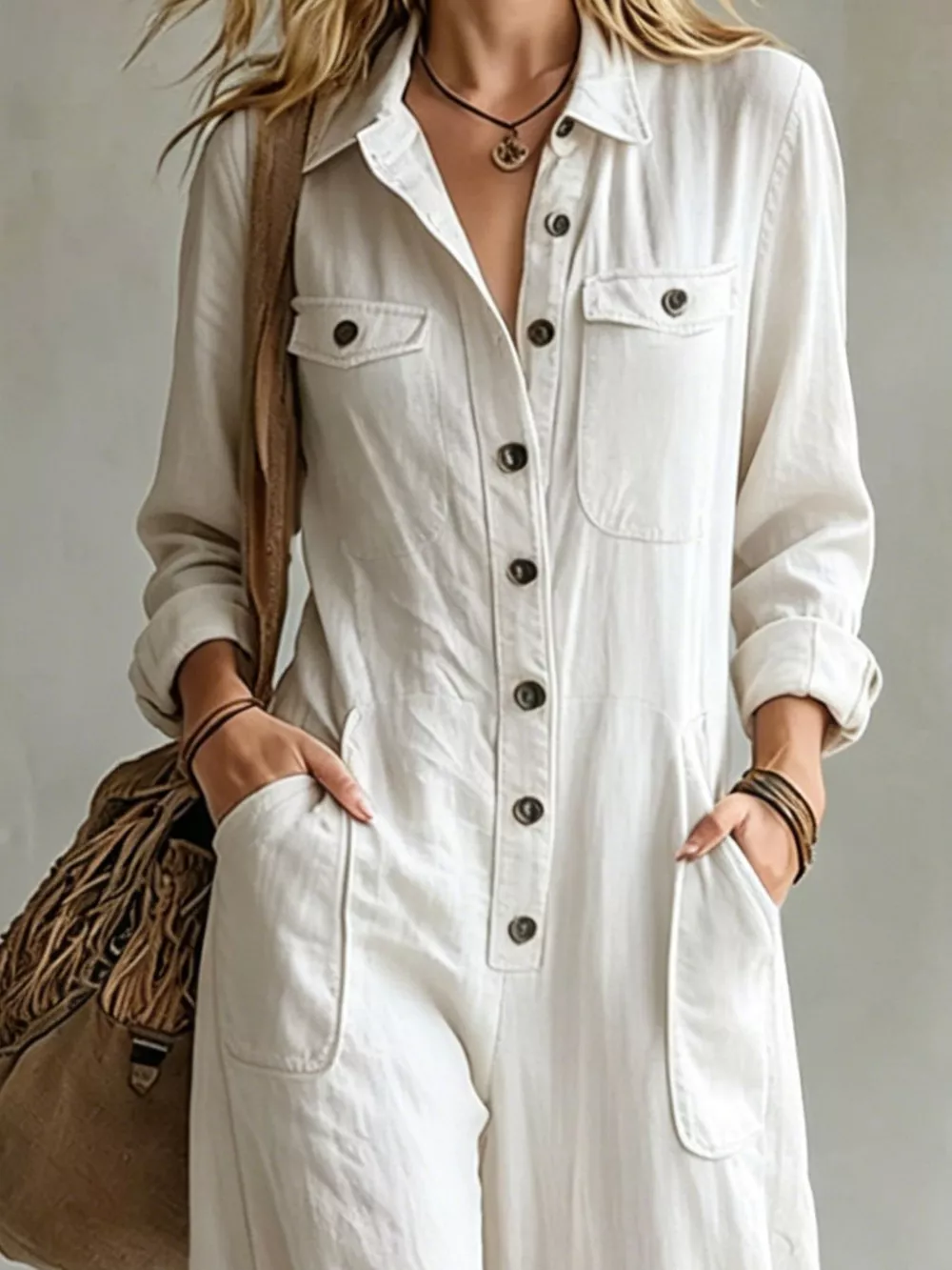 Full Size Long Sleeve Button Front Jumpsuit Plus Size, image 8