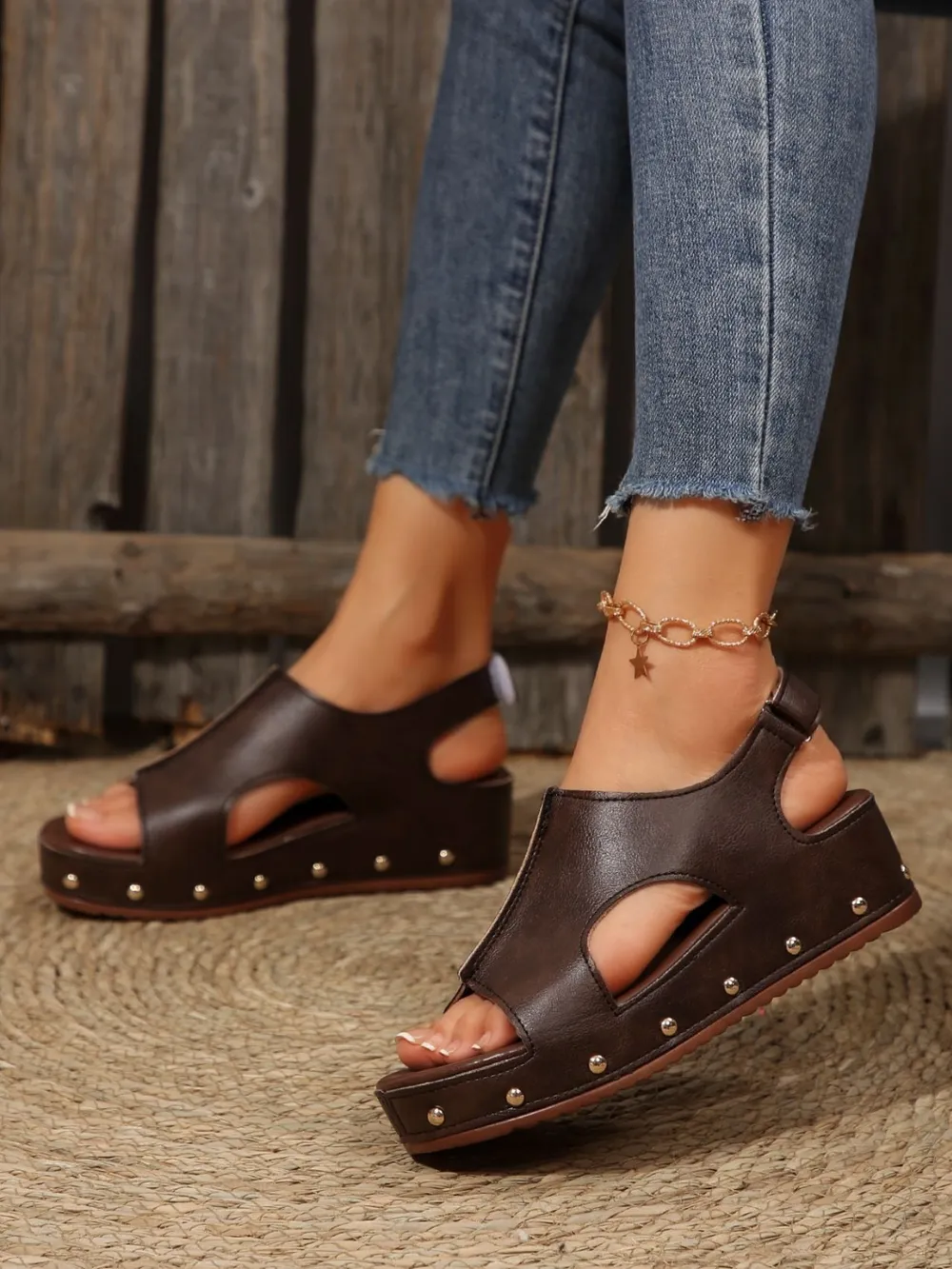 PU Leather Studded Wedge Sandals, image 7