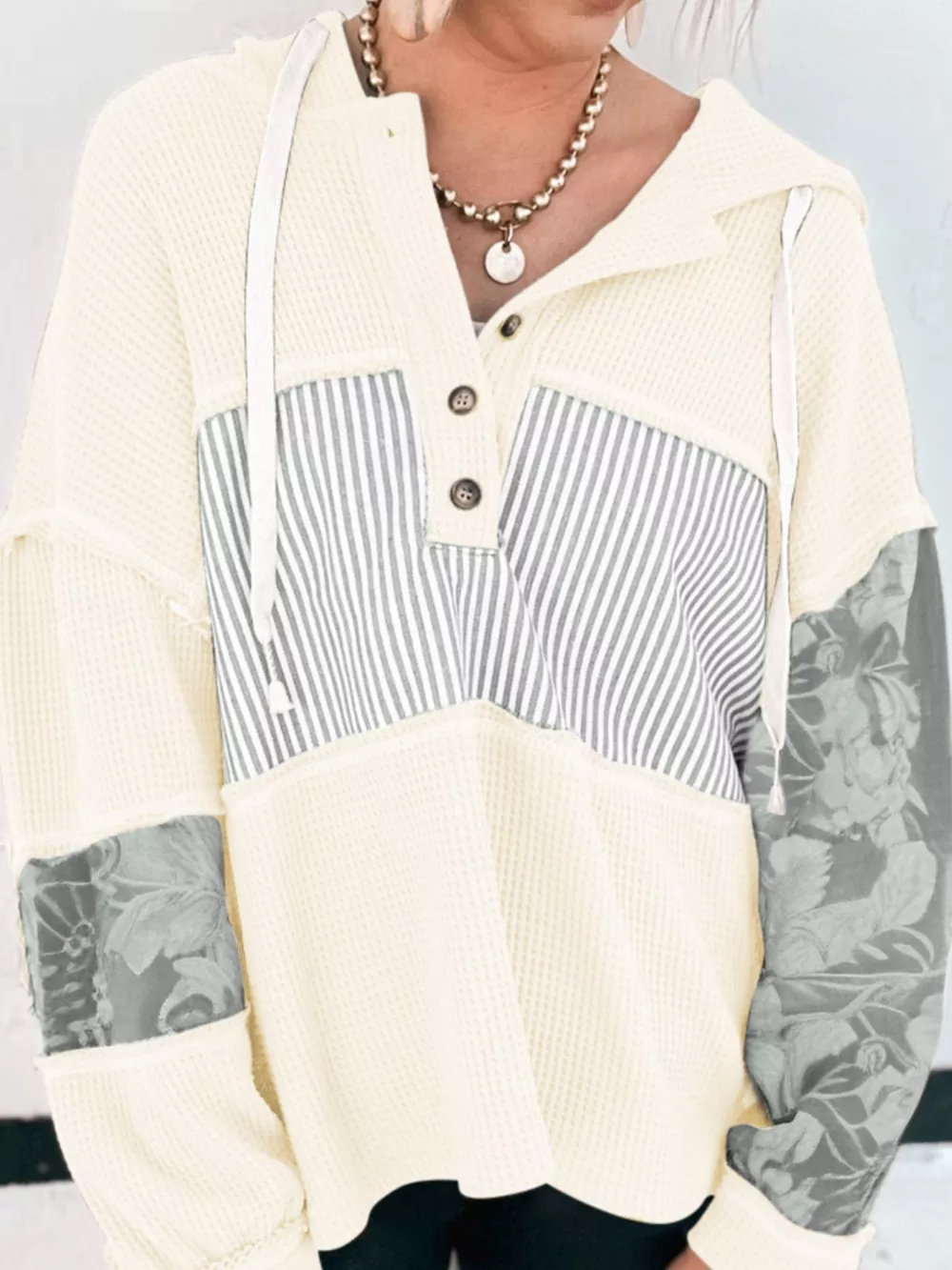 Waffle Knit Striped Drawstring Hoodie, image 4