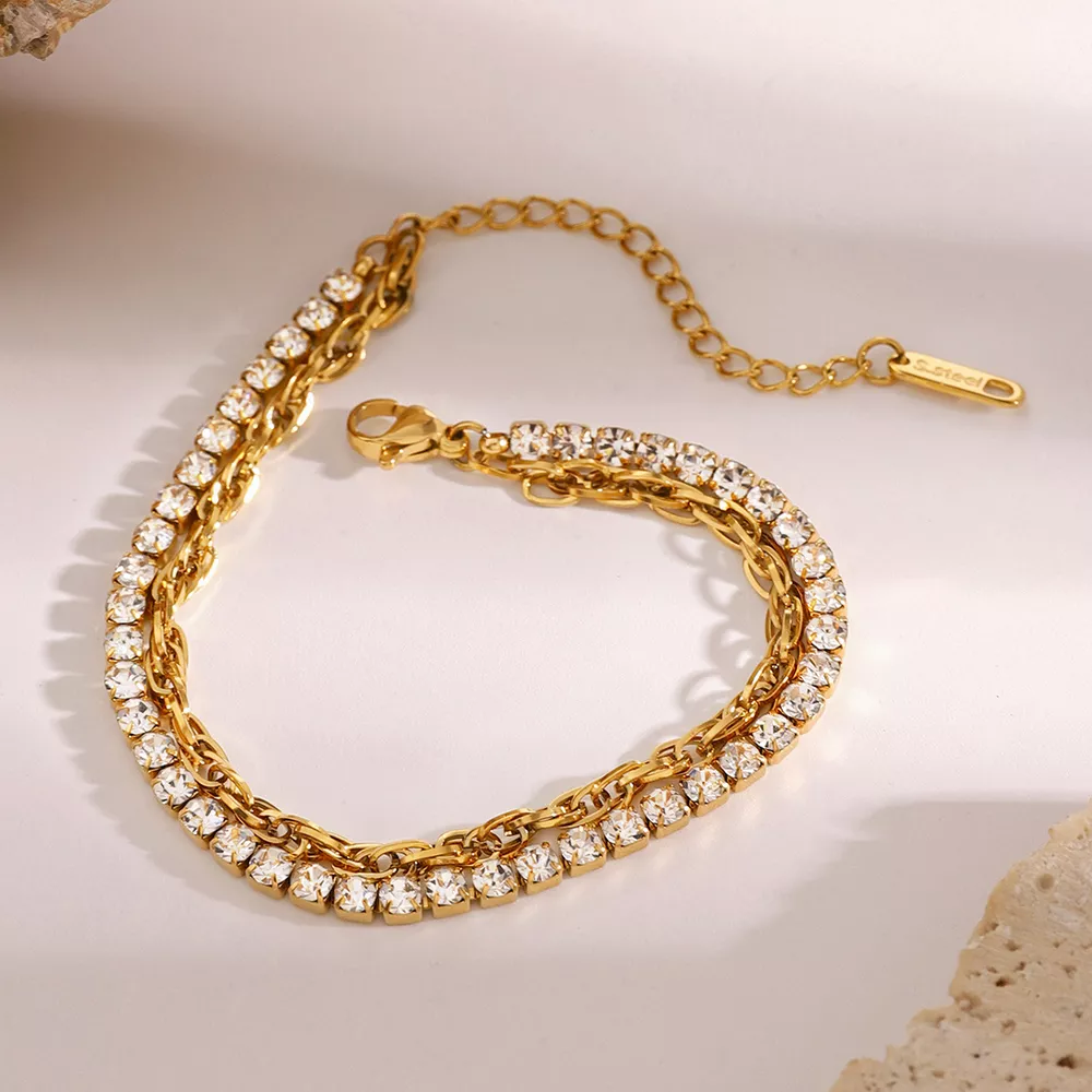 18K Gold-Plated Rhinestone Double Layered Bracelet, image 2