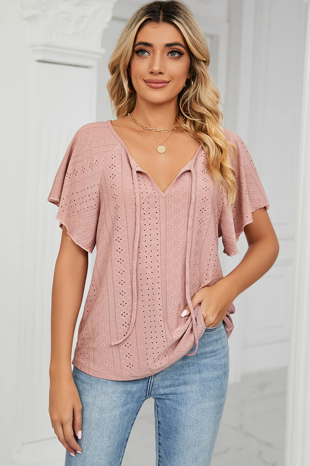 Eyelet Tie Neck Flutter Sleeve Blouse, image 21
