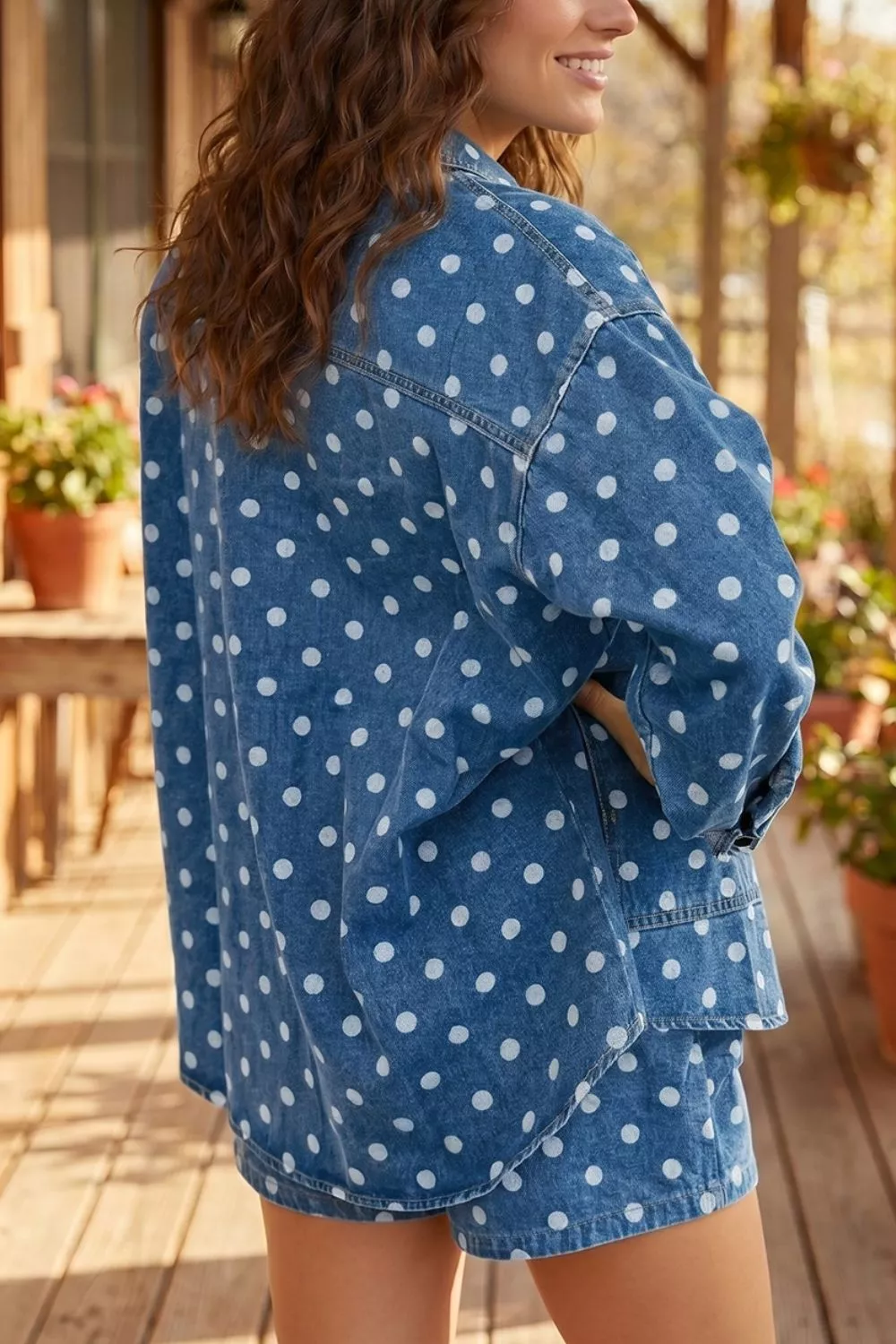 Polka Dot Long Sleeve Collar Shift Tunic Denim Jacket, image 4