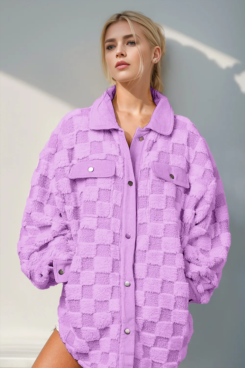 Button Up Fuzzy Checkered Shacket, image 5