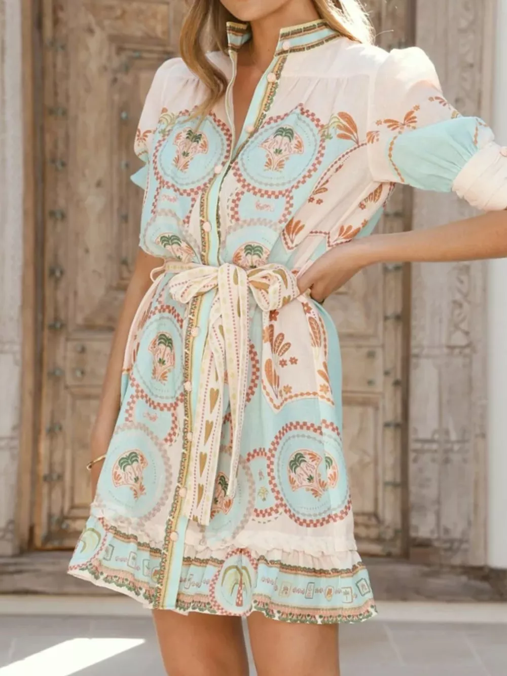 Printed Tie Waist Mini Dress, image 5