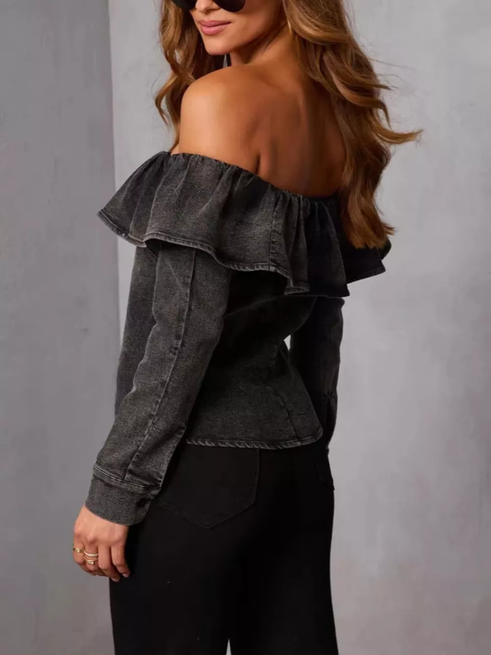 Off-Shoulder Ruffled Denim Top, image 5