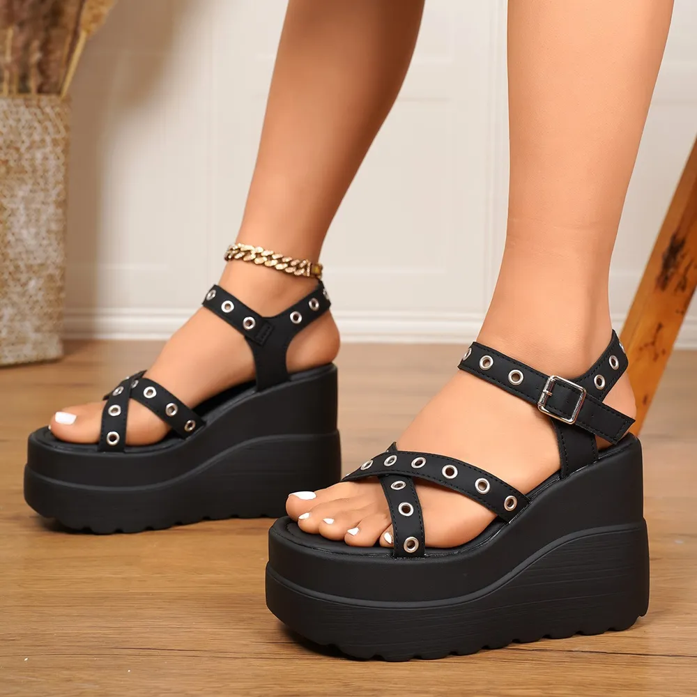 Eyelet Open Toe Platform Wedge Sandals, image 2