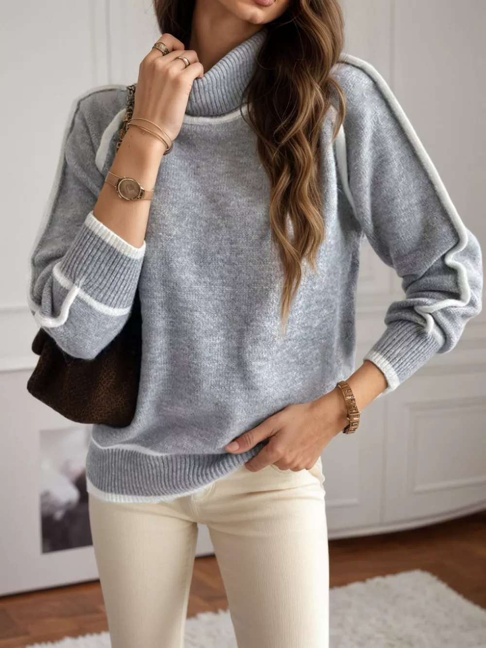 Full Size Turtleneck Contrast Trim Sweater Plus Size, image 2