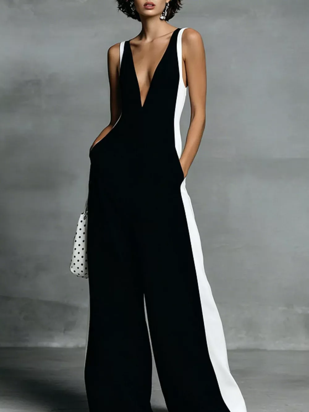 Contrast Trim V-Neck Sleeveless Jumpsuit