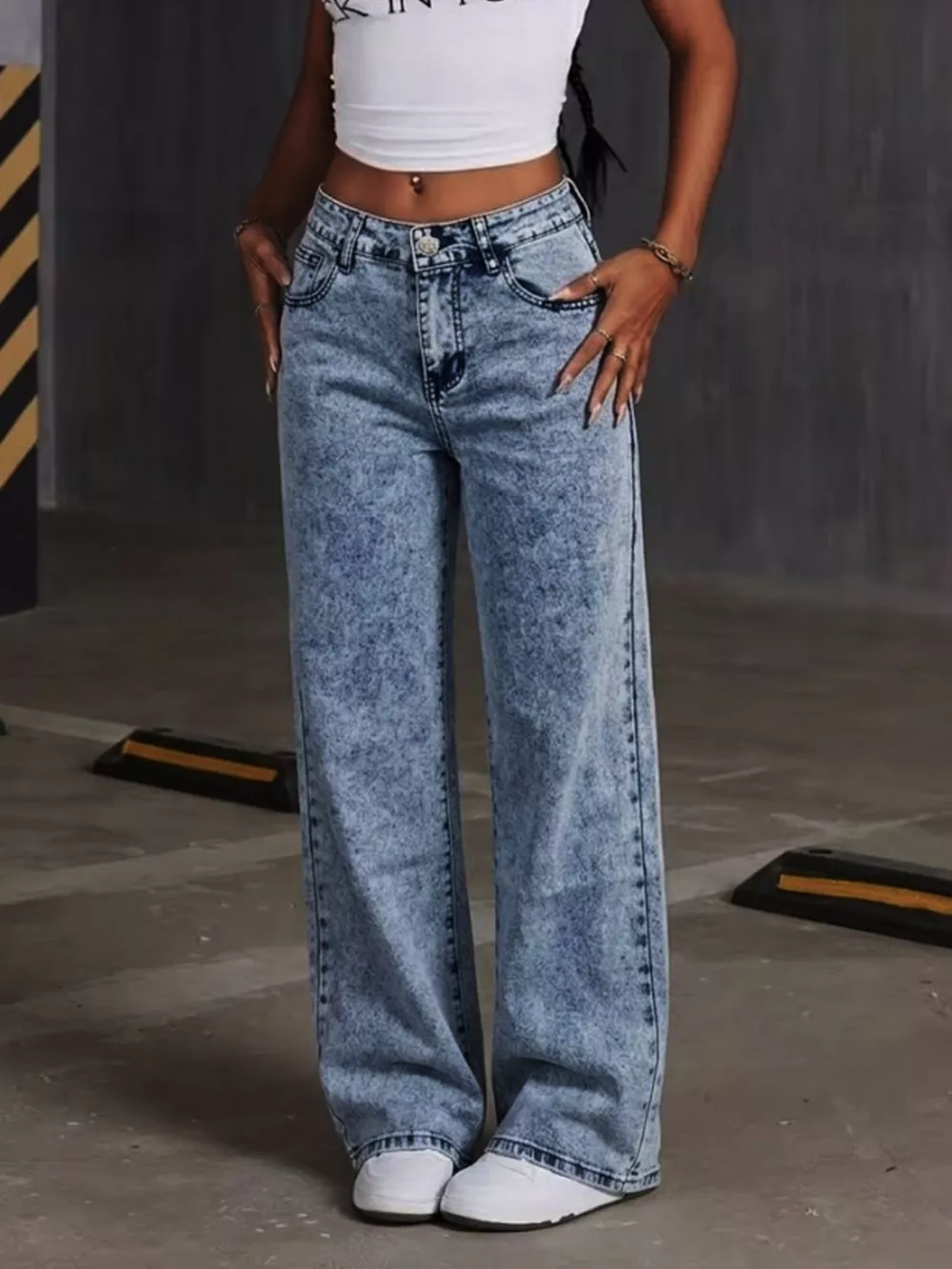 Washed Wide Leg Jeans with Embroidered Bow Detail, image 2