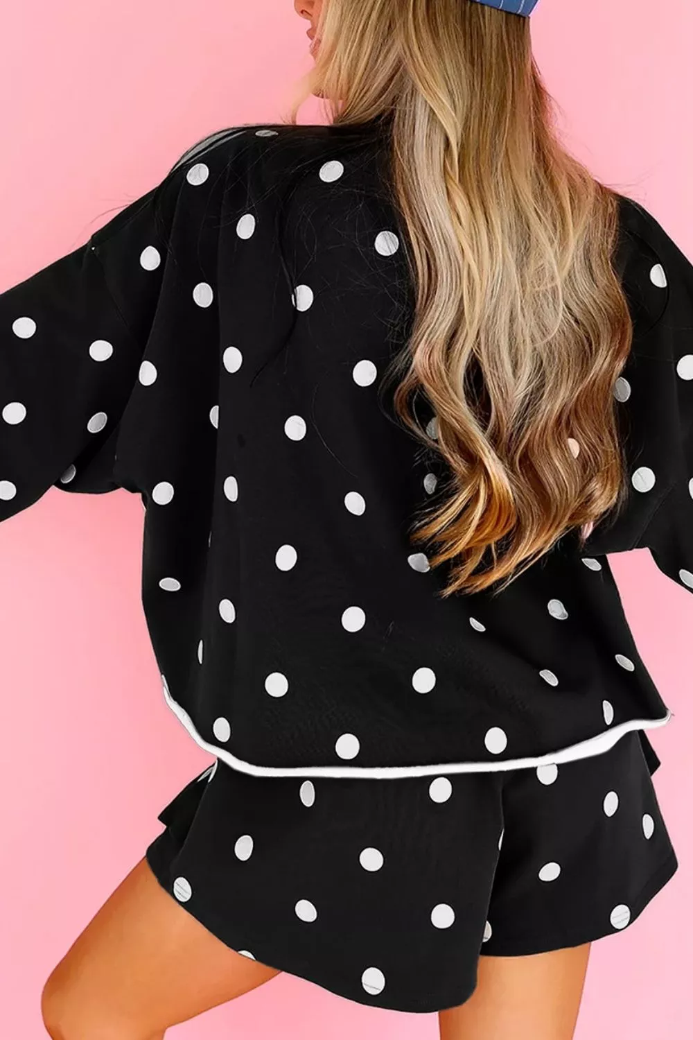 Polka Dot Raw Hem Relaxed Pullover Loose Skort Two Piece Set, image 4