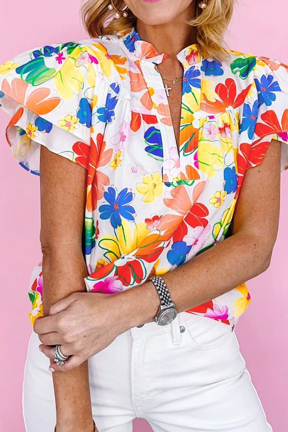 Ruffled Printed Notched Cap Sleeve Blouse, image 5