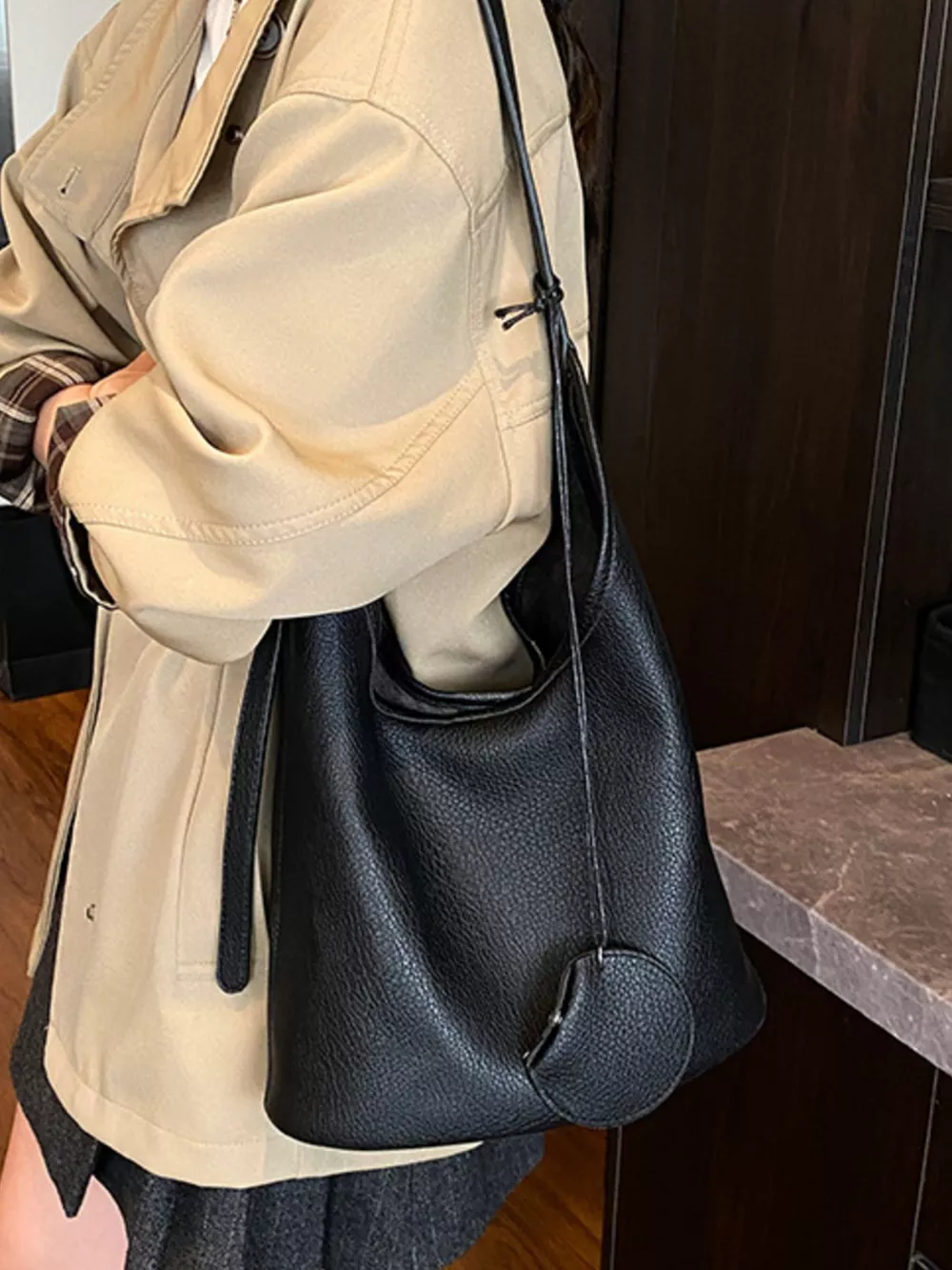 Solid Color Leather Handbag, image 4