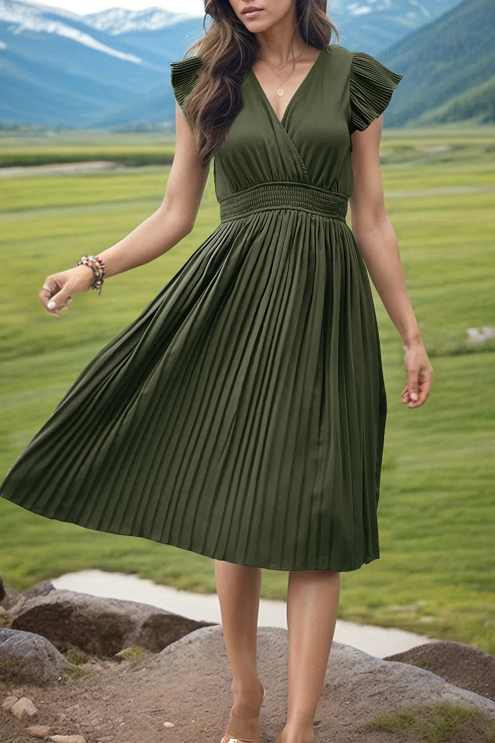 Tied Smocked Waist Flutter Sleeve Dress, image 13