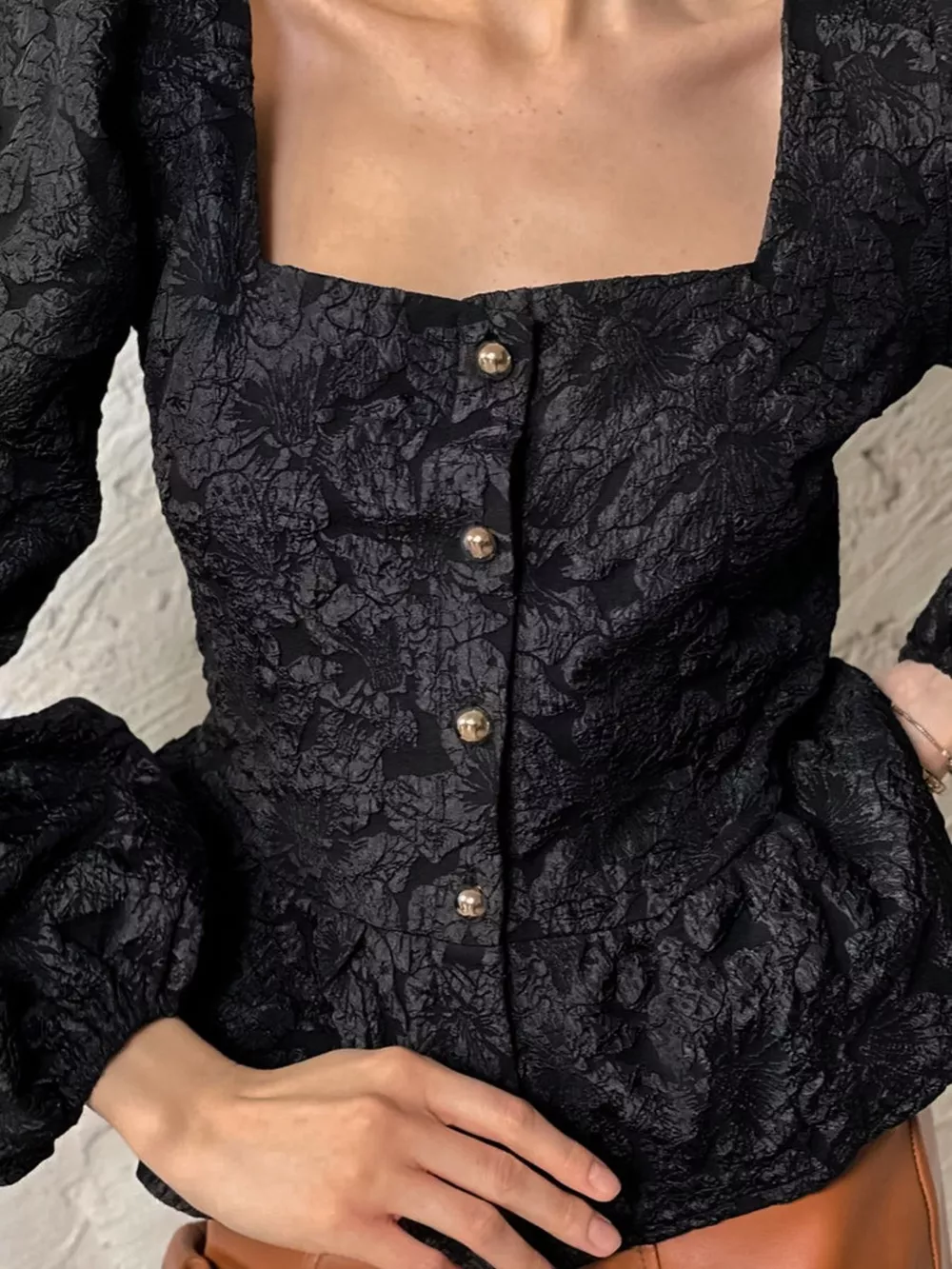 Textured Square Neck Balloon Sleeve Shirt, image 10