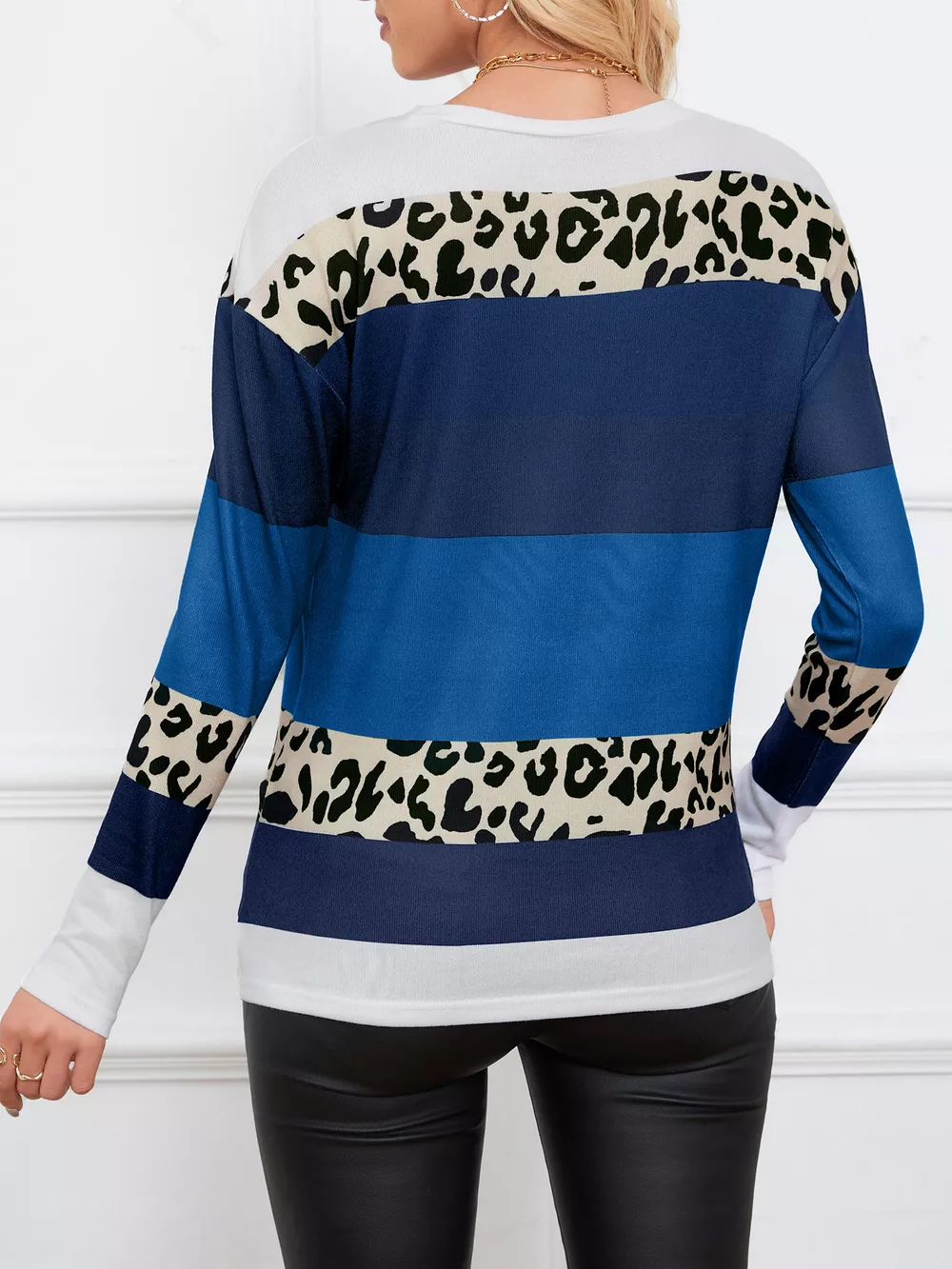 Leopard Color Block Striped Knit Top, image 5