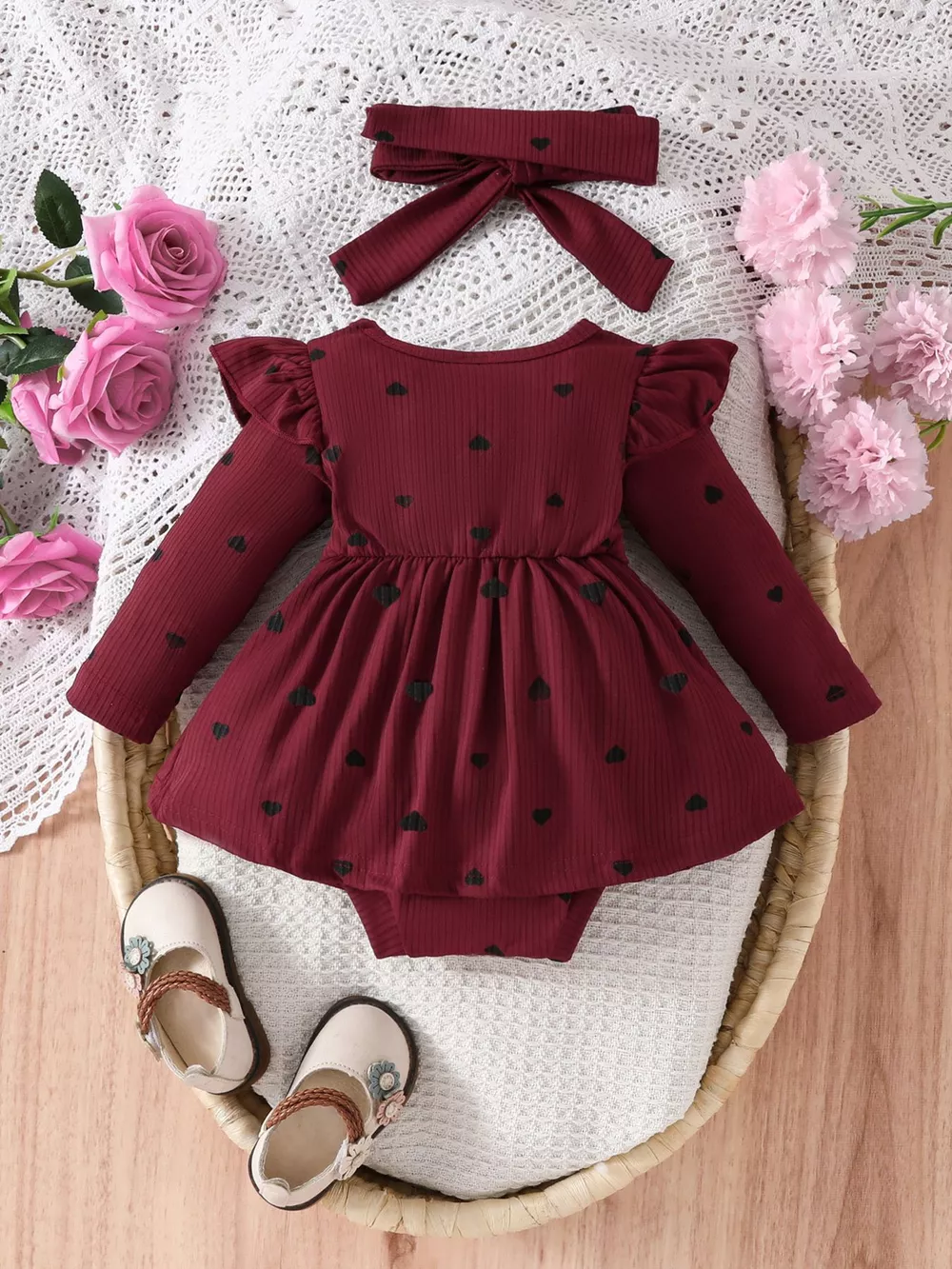 Children's Heart Print Ruffle Trim Bodysuit Dress with Headband, image 5